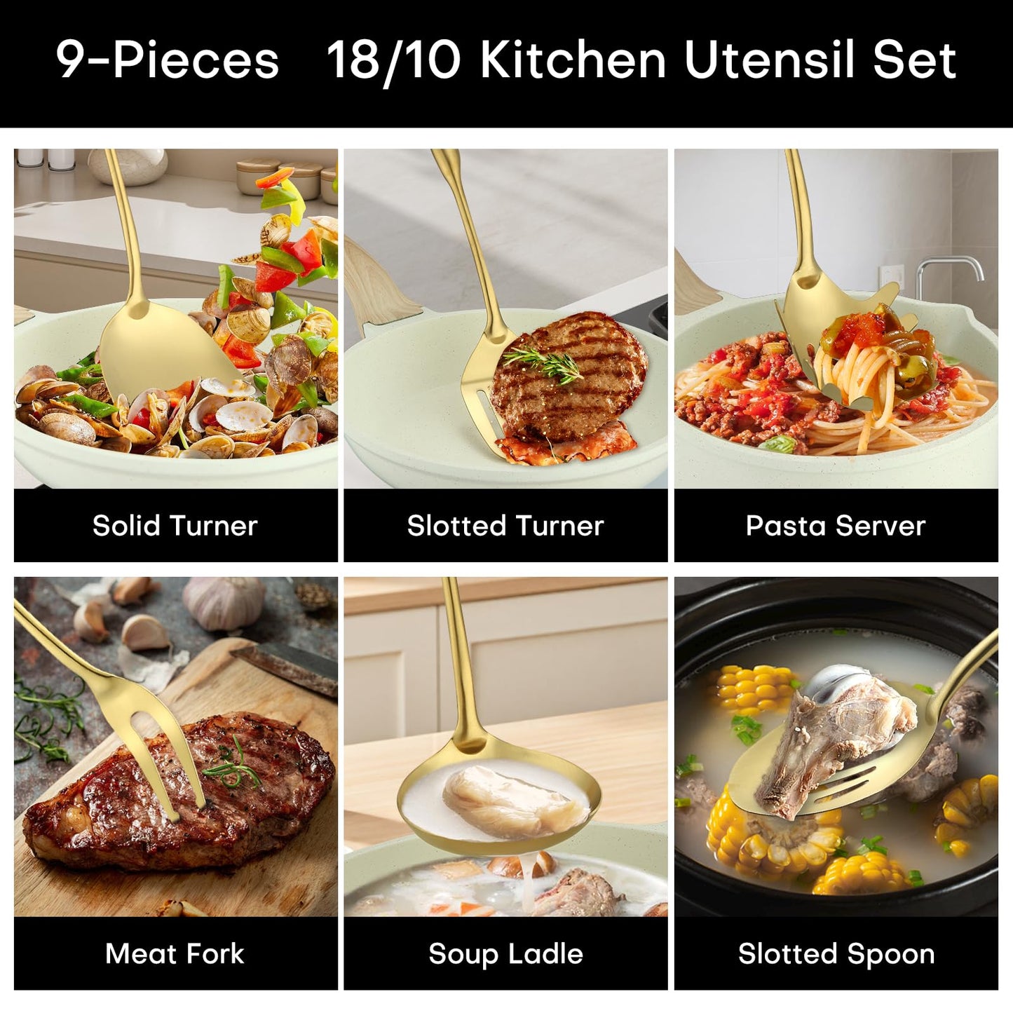 Lazycorner Kitchen Utensil Set 9-Piece Stainless Steel 304 Polished Mirror Finish Cooking Spoons, Slotted Spoon, Turner, Spatula, Pasta Spoon– Dishwasher Safe, Rust-Resistant