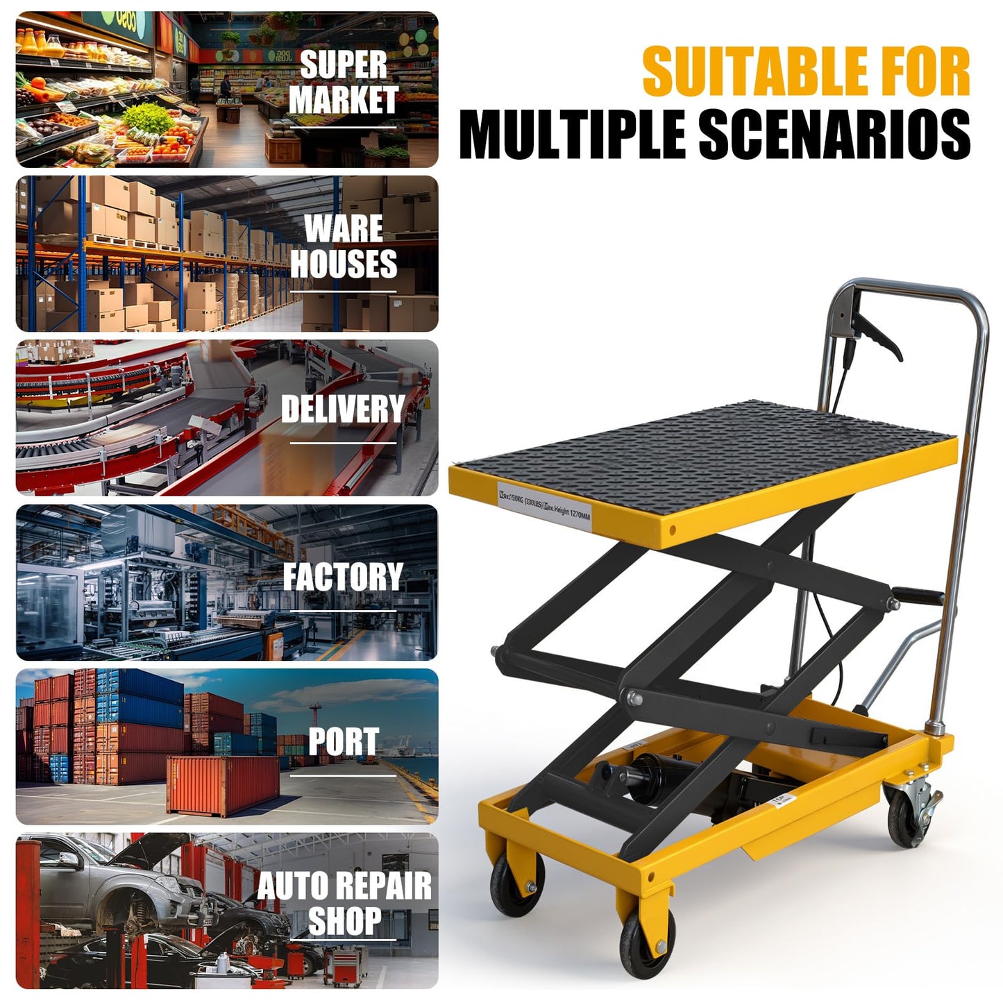 Hydraulic Lift Table Cart, 330lbs Capacity 49.6'' Max Lift, Double Scissor Lift Table w/4 Wheels & Non-Slip Pad, Heavy Duty Hydraulic Platform Lift Cart for Warehouse, Shop, Garage Material Handling