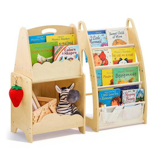 JooKiddie Kids Bookshelf and Toy Storage, 5-Tier Sling Toddler Bookshelf, 3Pcs Modular Wooden Book and Toy Storage Organizer, Children Bookcase for Kids Room Playroom Nursery