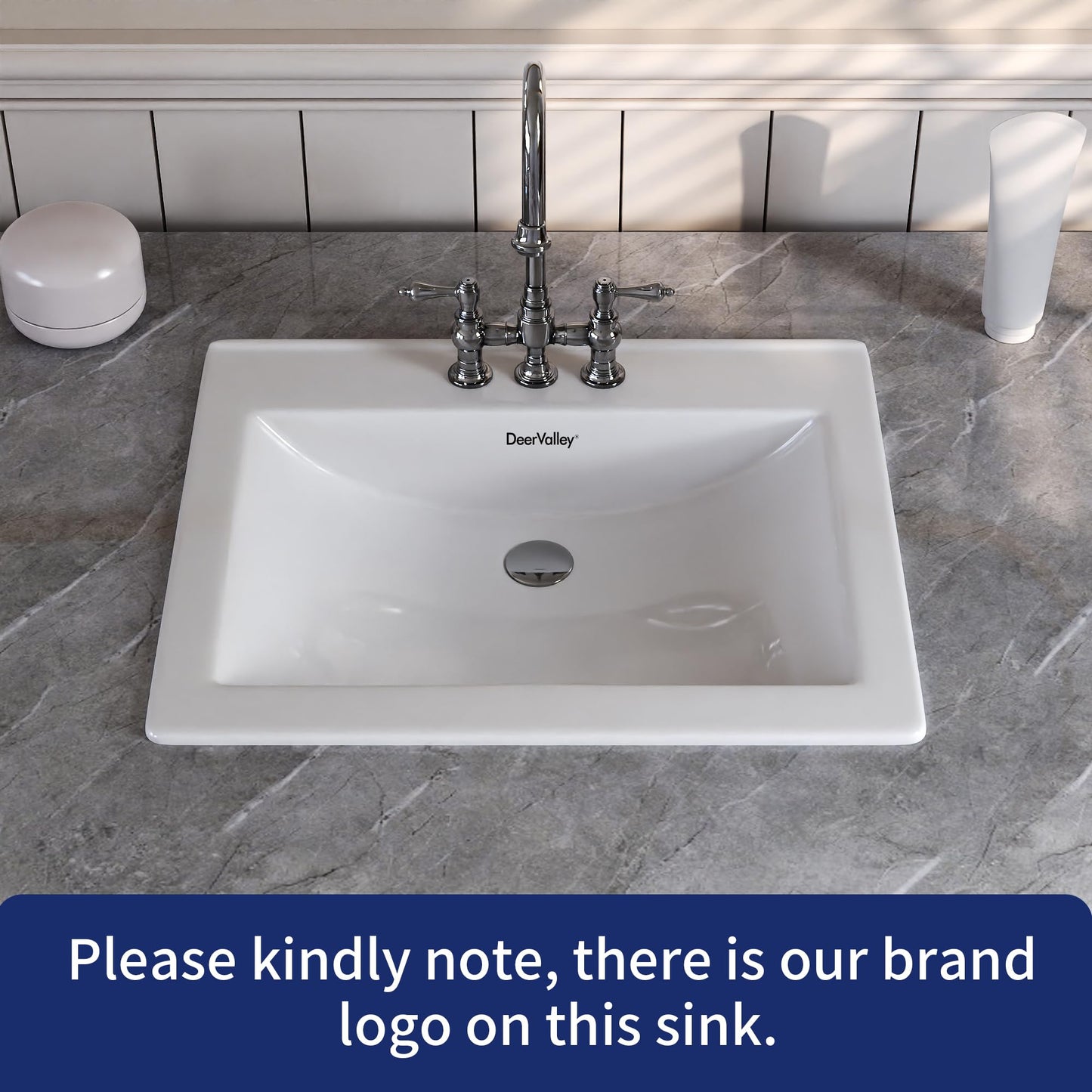 DeerValley 21x18 Inch Rectangular Ceramic Drop-in Bathroom Sink, Under Counter Vessel Sink with Overflow, White Vanity Basin