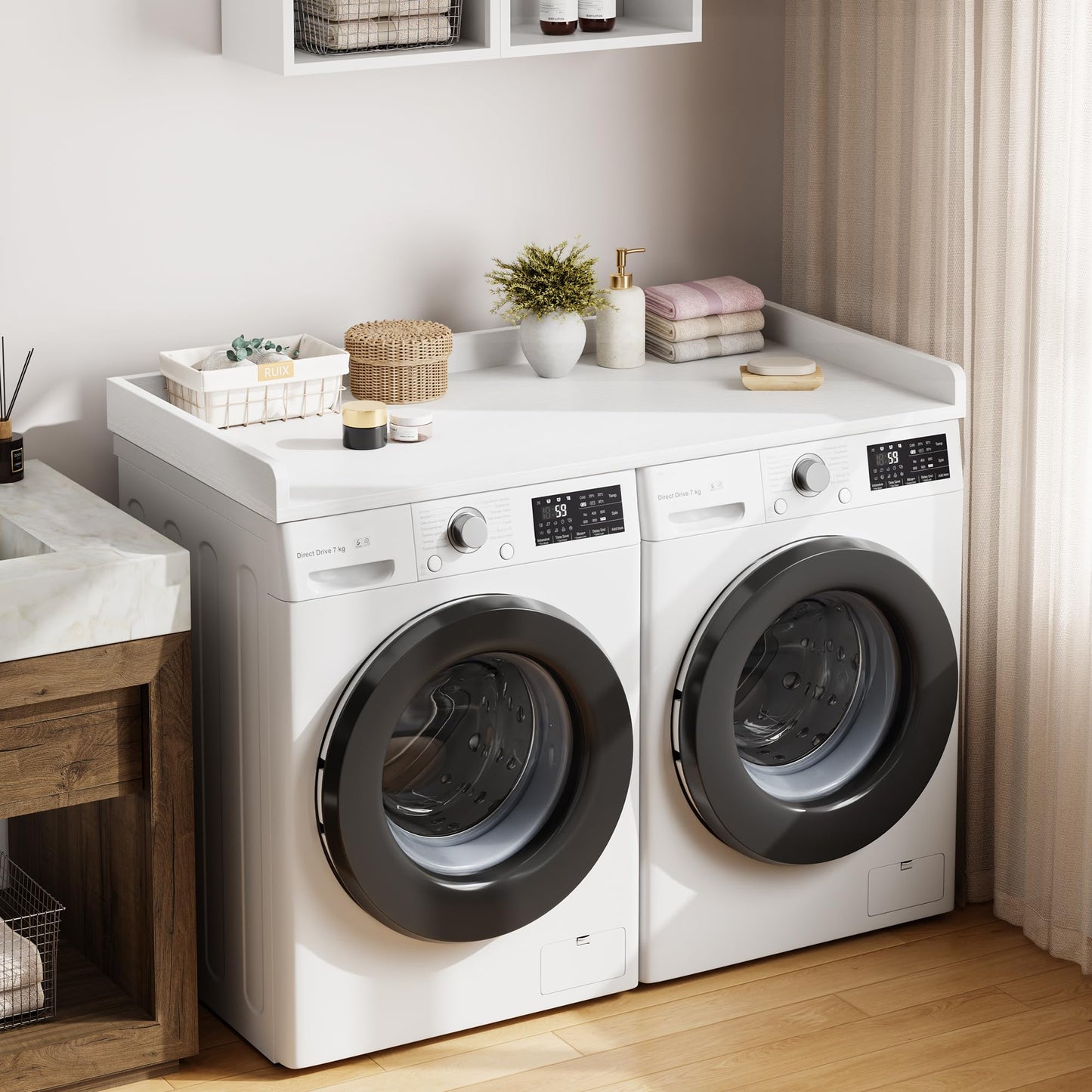 IDEALHOUSE 2-Tier Washer and Dryer Countertop with Shelf or Drawers, Laundry Countertop Cover with Non-Slip Pad, 54"X27.5" Laundry Topper for Folding Clothes Over Washer and Dryer-White