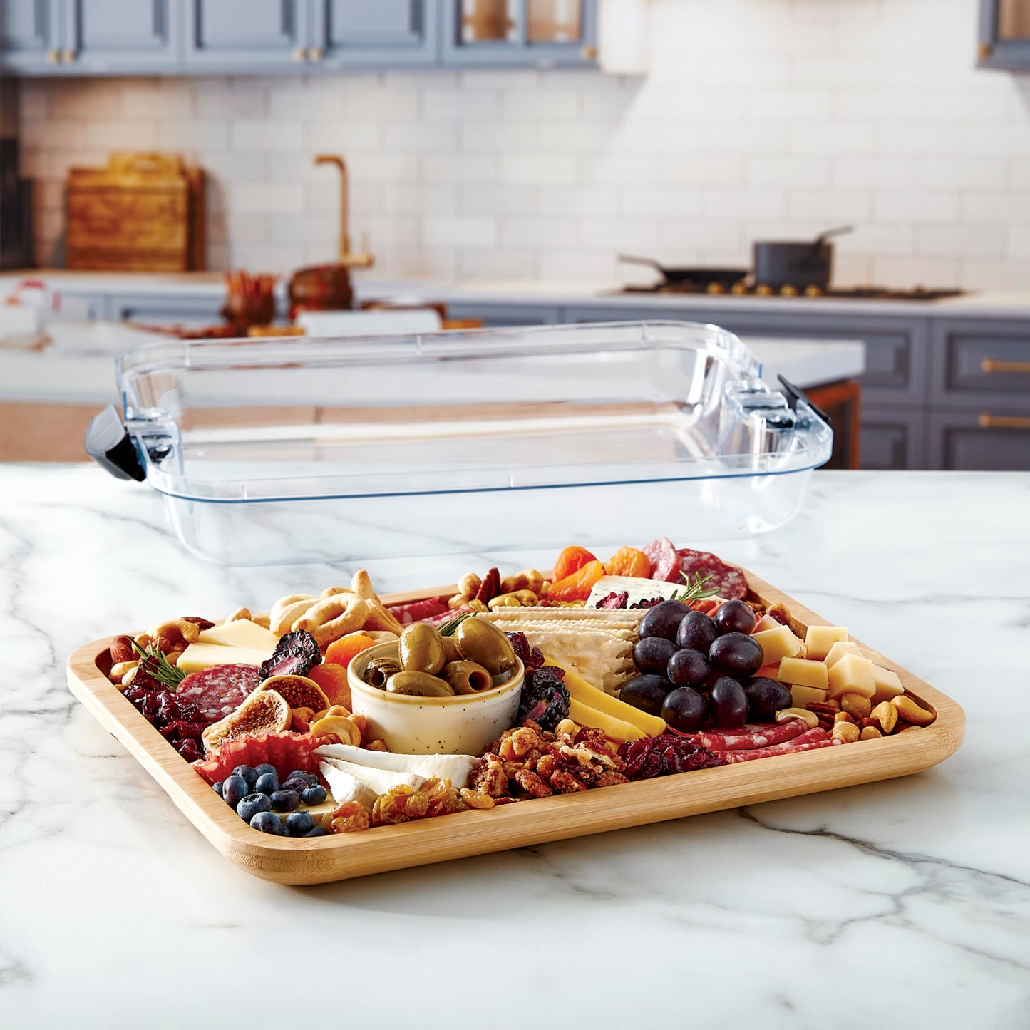 Farberware Build-A-Board Bamboo Cutting Board with Single Storage Compartment, Clear Locking Lid, Black Handles, Perfect for Charcuterie & Snacks