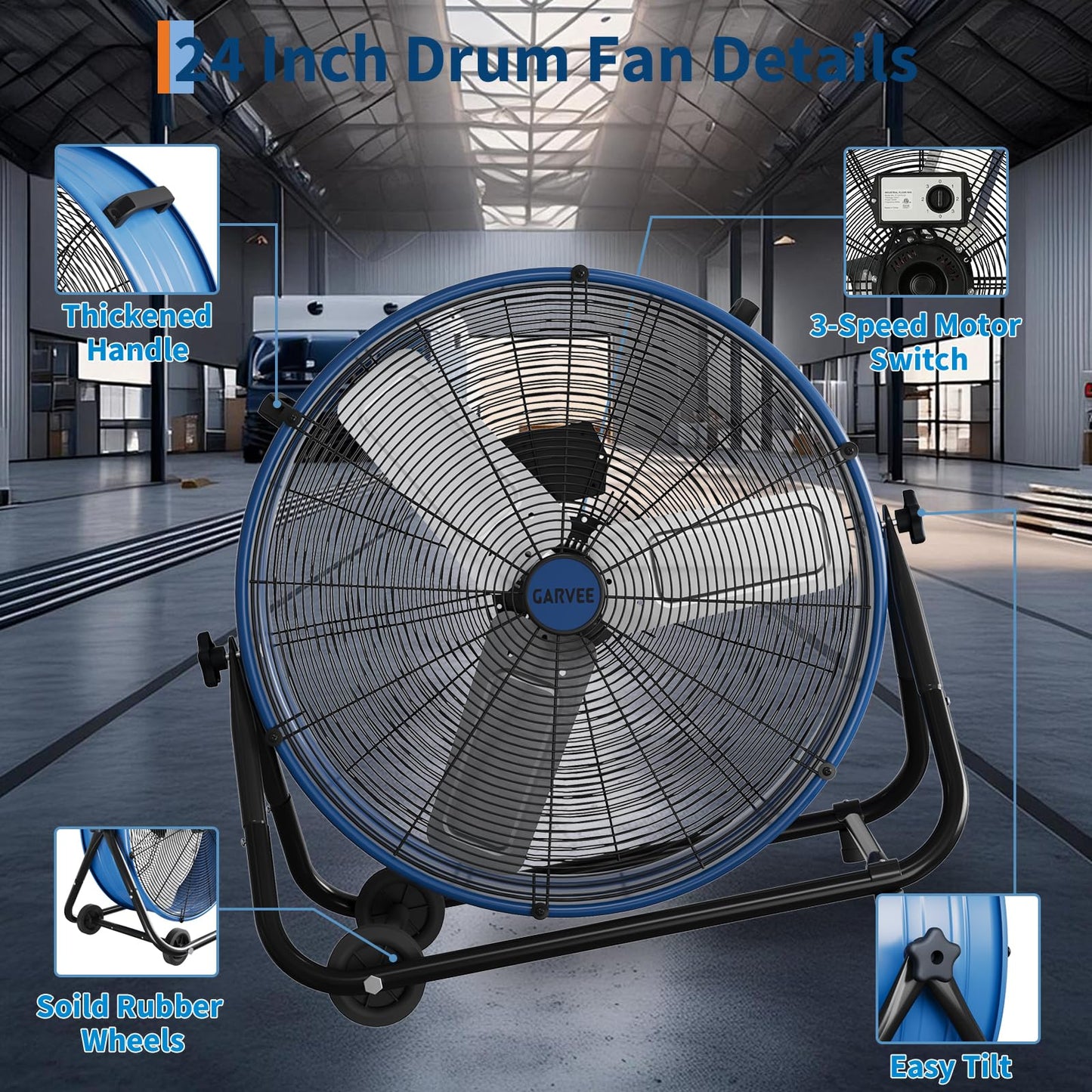 MilleLoom 24 in High Velocity Drum Fan, Heavy Duty Industrial Floor Fan with Adjustable 3 Speed 4800-8800 CFM Cooling, for Industrial Commercial Space Garage, Metal Blades/360° Rotation, Blue