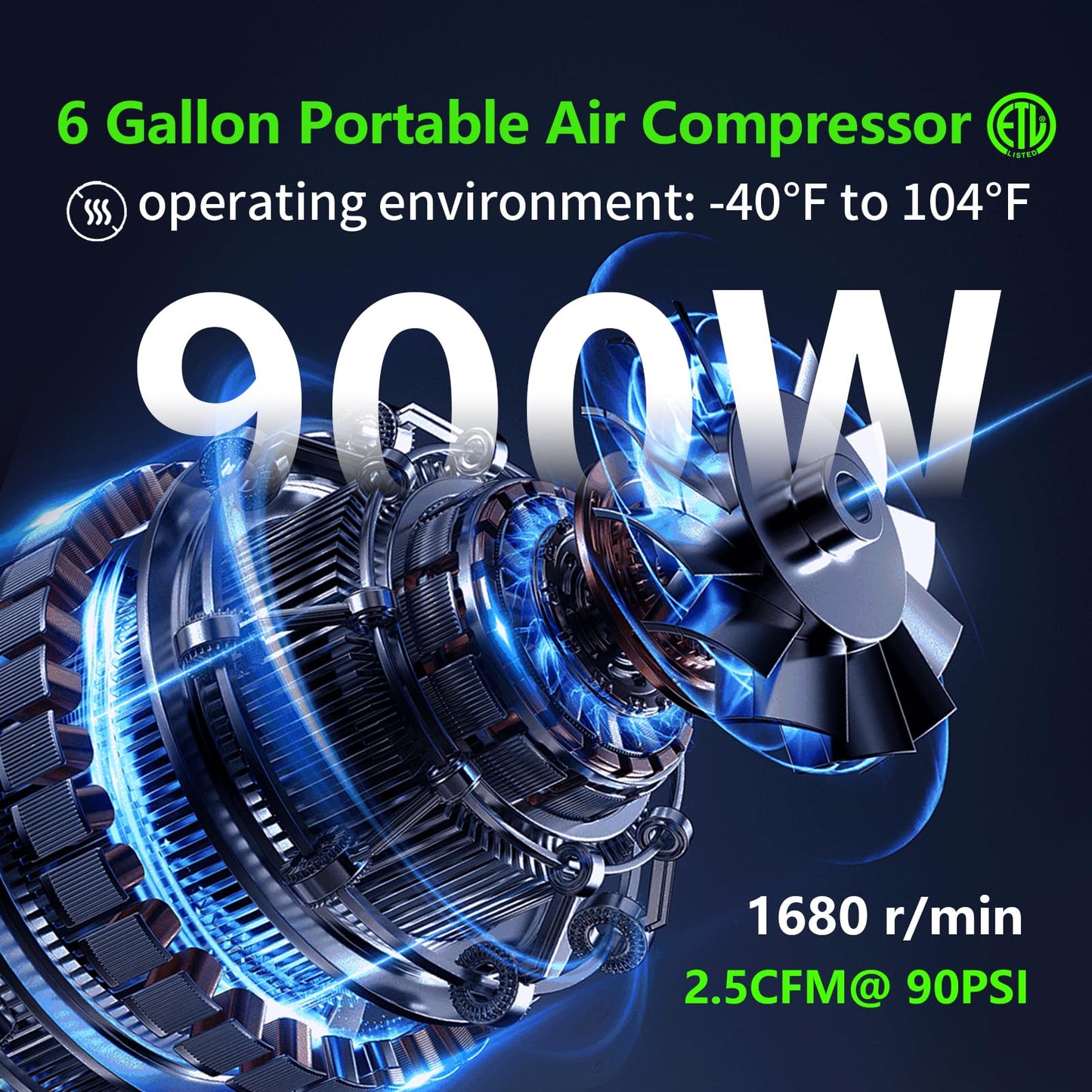 6 Gallon Portable Air Compressor 1HP 2.5 CFM@90PSI 60dB Ultra Quiet Oil Free Air Compressor Ideal for Tire Inflation Pneumatic Tool Spray Painting