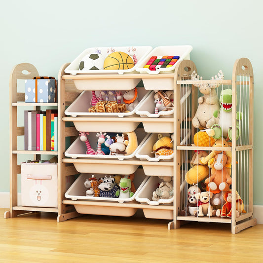 Wooden Toy Storage Organizer, Toy Organizers & Storage with Stuffed Animal Storage, Toy Storage Shelf with 3 Shelves, 8 Storage Bins, Kids Bookshelf, Toy Holder for Toddler Rooms, Playrooms, Bedrooms