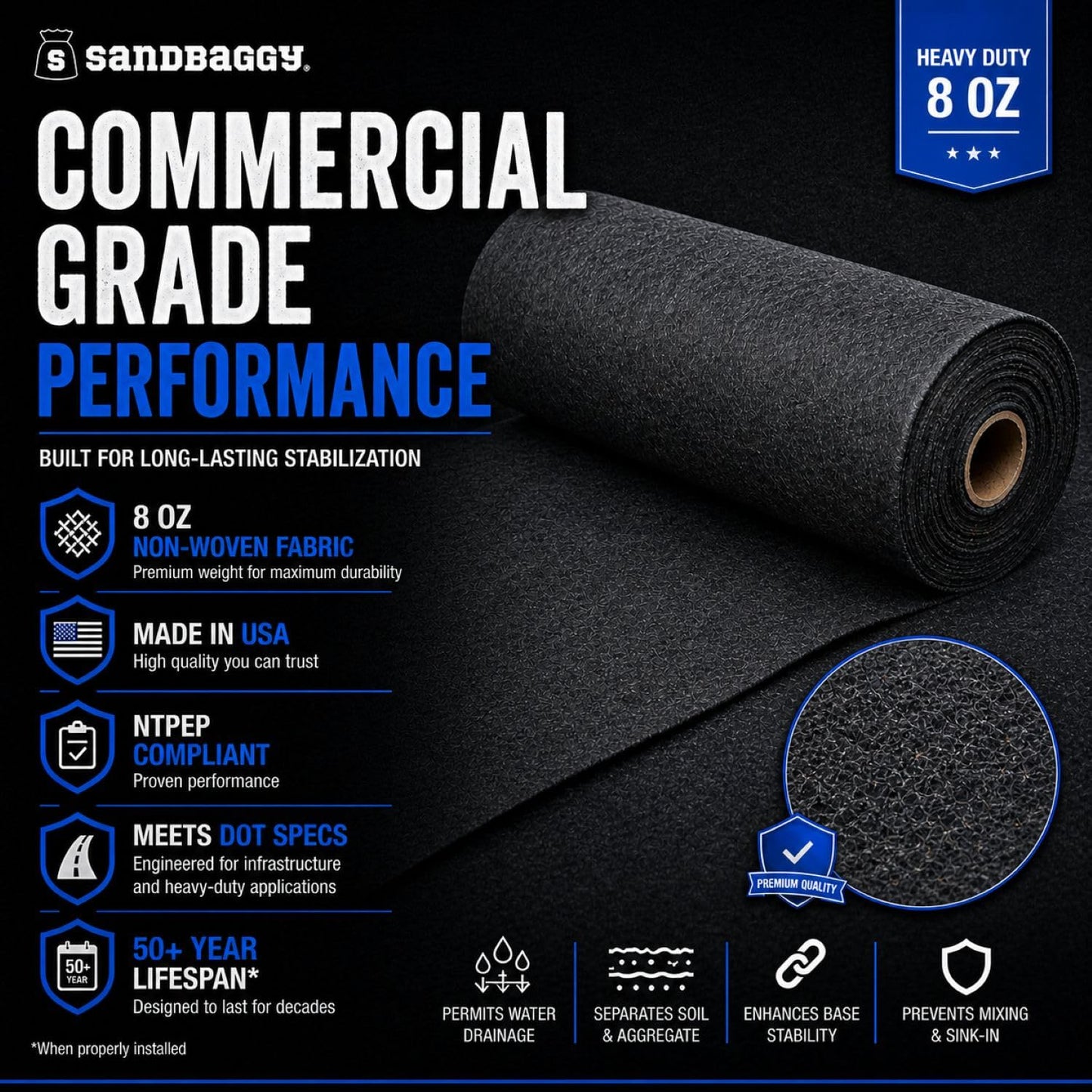 Sandbaggy Geogrid & Geocell Underlayment Fabric | Non-Woven Geotextile (8 oz) – Soil Stabilization for Driveways, Roads & Gravel – Erosion Control for Slopes & Walls | USA Made (6 ft x 100 ft Roll)