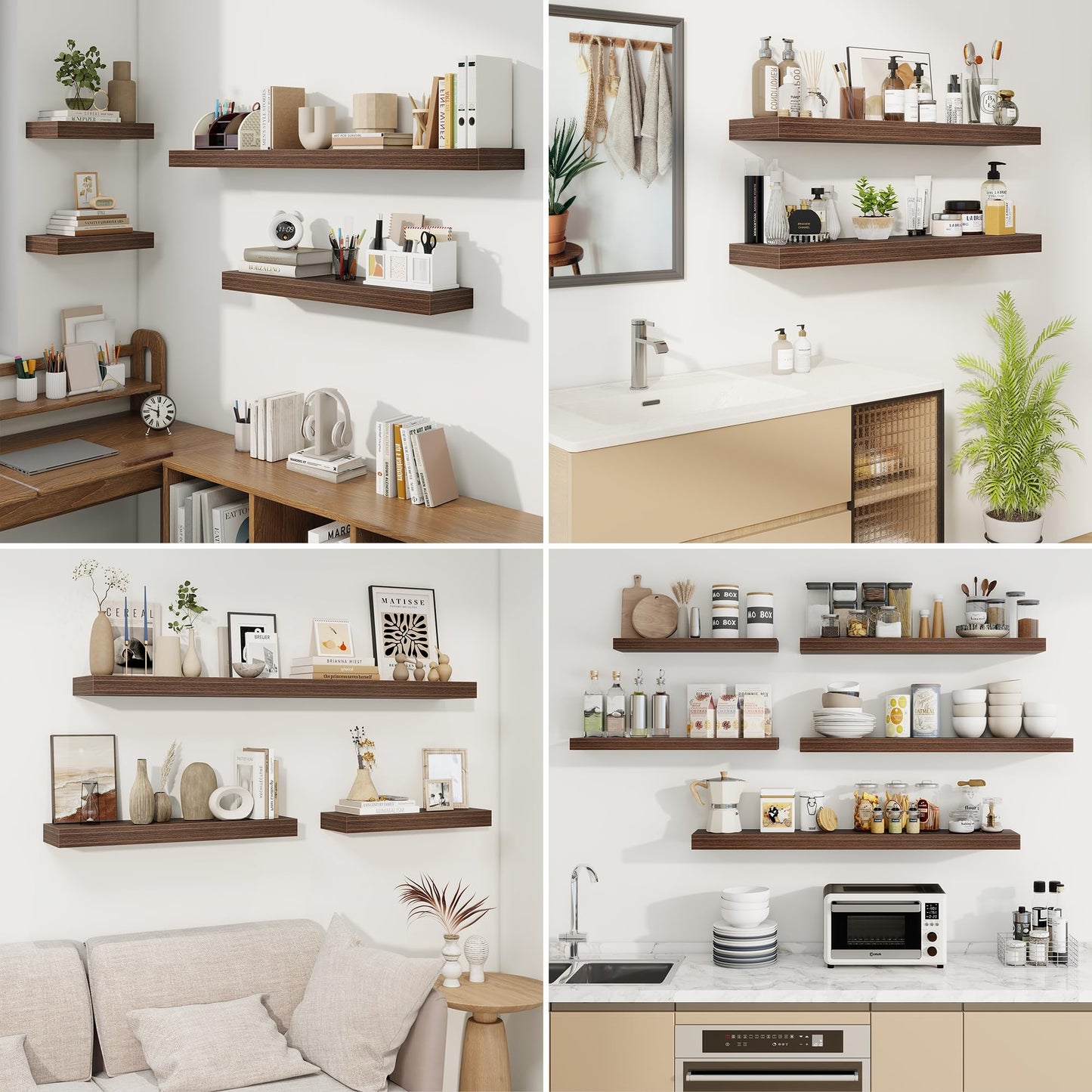 fuqing Floating Shelves for Wall, Wall Mounted Wood Floating Shelf with Invisible Brackets for Living Room, Bathroom, Bedroom, Kitchen Storage and Decor, 16 Inch Set of 2, Walnut