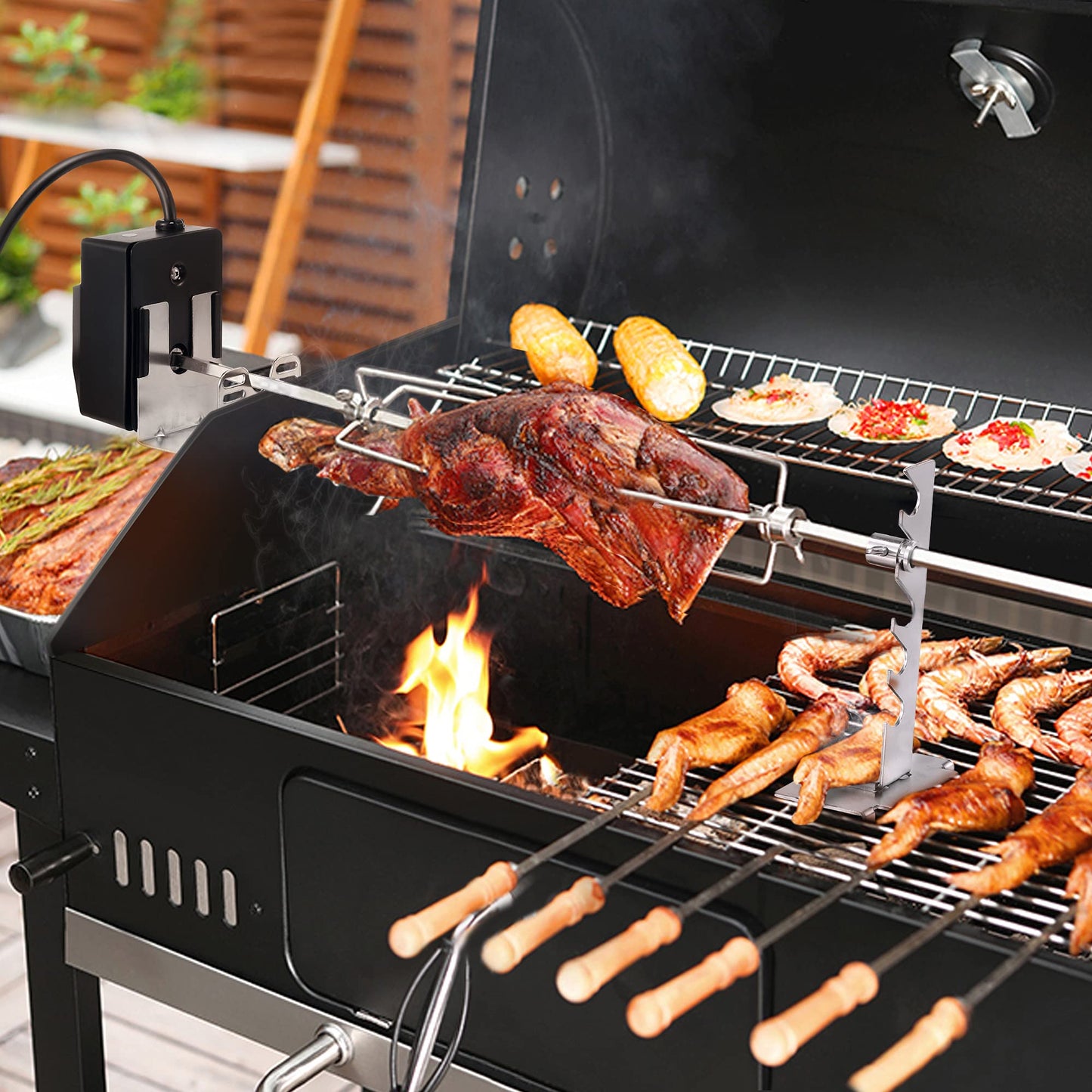 Dreyoo Universal Rotisserie Grill Kit, 360° Automatic Rotating Rotisserie Kit with 120V 4W Motor, 28'' Spit Rod, 2 x 4 Forks, Complete Holders and Fixing Screw for Backyard Camping Grills