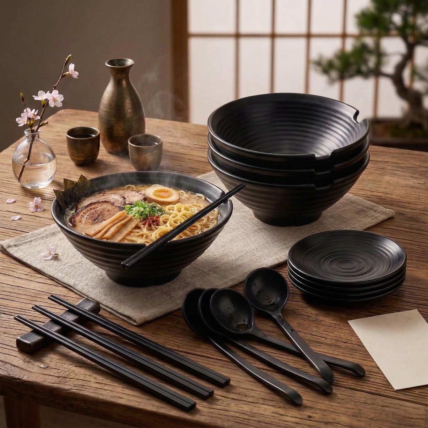 4 Sets Unbreakable Japanese Style Ramen Bowl, 44 oz Large Black Matte Melamine Bowls and Spoons Set with Chopsticks & Saucers, Melamine Large Ramen Bowls Sets for Pho, Thai, Miso, Udon, Asian Food