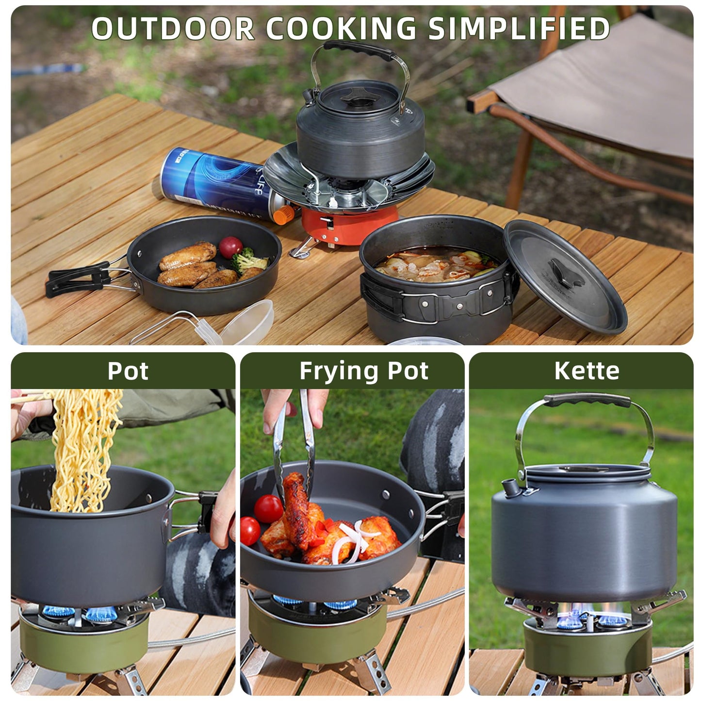 aiGear 3pcs Camping Cooking Set for 1-2 People, Lightweight Foldable Pot Pan Kettle with Storage Bag, Backpacking Cooking Set for Hiking Picnic Camping (Black)