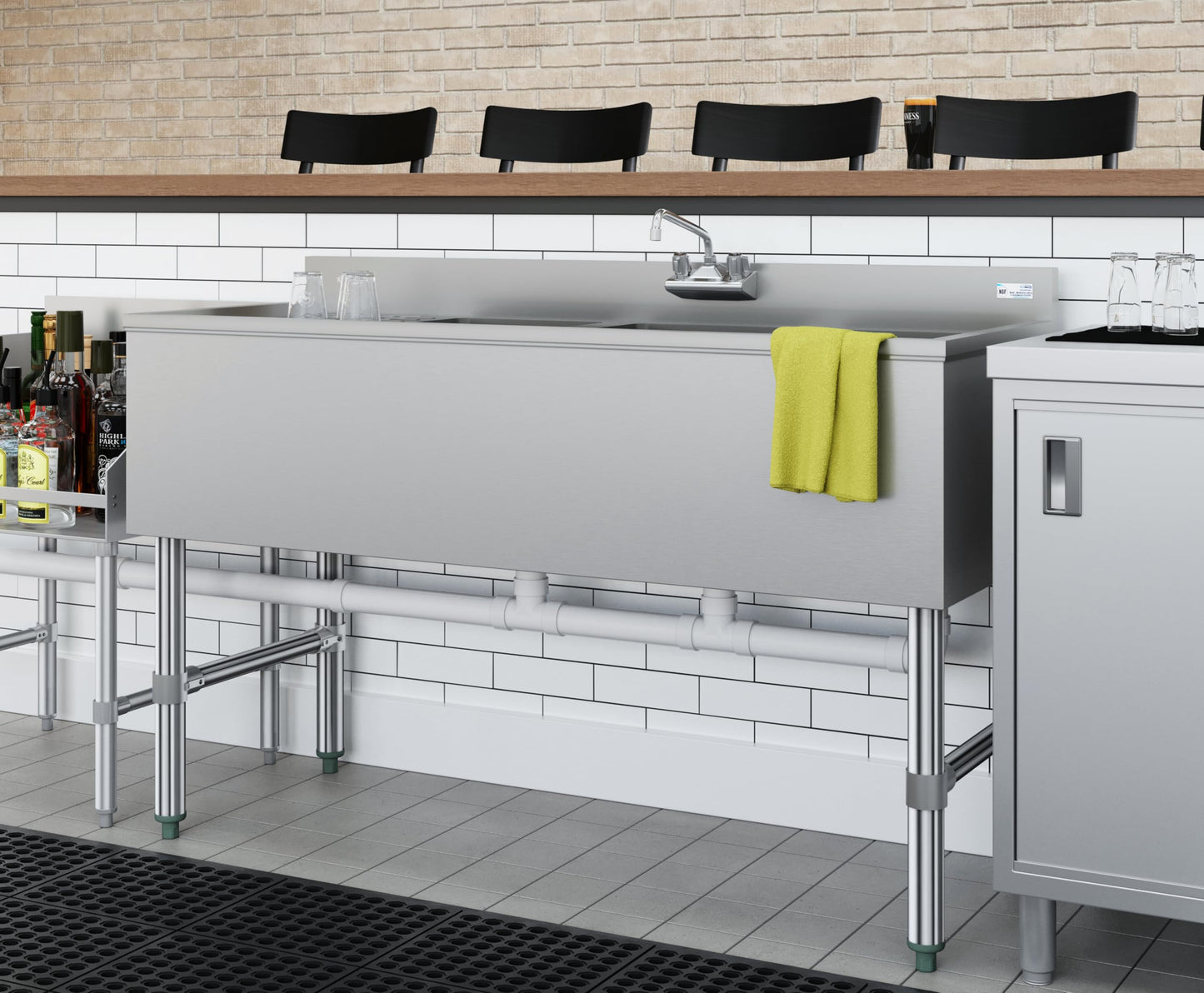 KoolMore 48 in. Three-Compartment Commercial Under-Bar Sink with 3 in. Backsplash, Left Drainboard and Low Lead Faucet, NSF Certified in Stainless Steel
