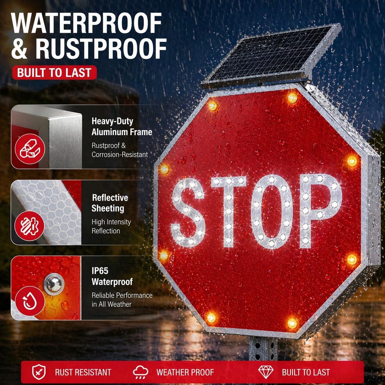 GAJTTR 30in Solar Powered LED Flashing Stop Sign, MUTCD Compliant Traffic Stop Sign with 44 Blinking LEDs,Engineer Grade Reflective Film, Heavy Duty Aluminum Metal Frame Blinking Road Warning Sign for Construction Area,School,Community,Farm Road (Red)