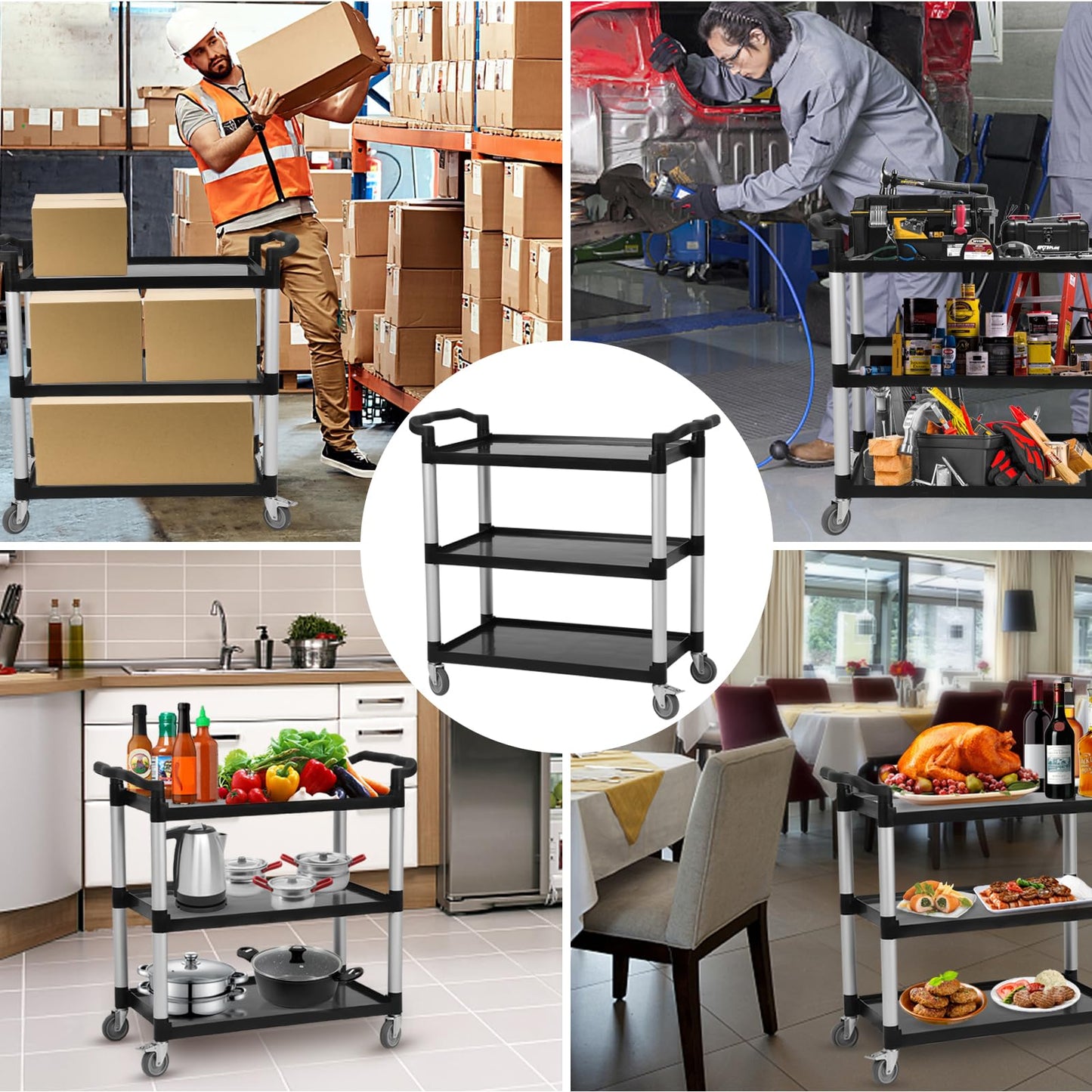 3-Tier Utility Cart, Heavy Duty 500 Lbs Capacity Service Cart with Lockable 360° Swivel Wheels – Multipurpose Storage Cart for Kitchen, Warehouse, Restaurant & Home, Black
