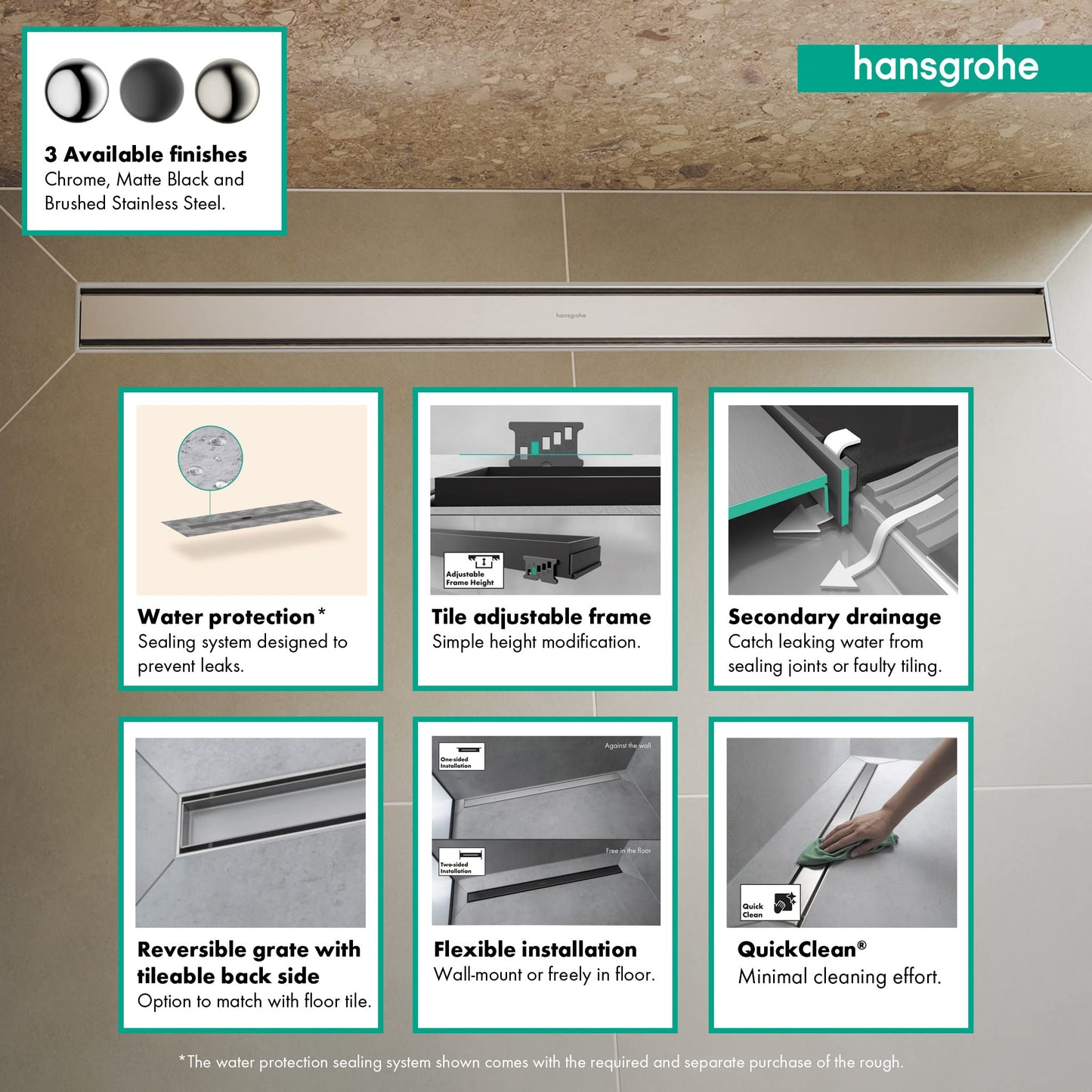 hansgrohe RainDrain Match Linear Tileable Shower Drain for 27 5/8" Rough with Height Adjustable Frame in Brushed Stainless Steel, Stainless Steel Rectangle Shower Floor Drain
