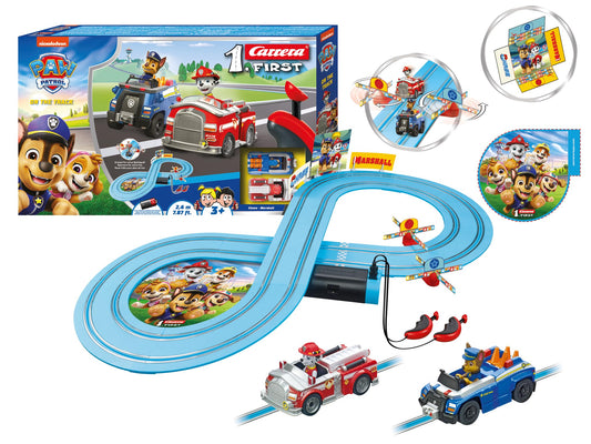 Carrera First PAW Patrol - On The Track Slot Car Race Track - Includes 2 Cars: Chase and Marshall - Battery-Powered Beginner Racing Set for Kids Ages 3 Years and Up