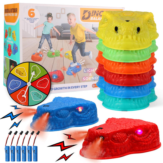 FIIOEOY 6 Pcs Dinosaur Stepping Stones for Kids, Light up Mist Spray & Roaring Non-Slip Balance Stepping Stones with 6 Rechargeable Batteries, Indoor & Outdoor Toys for Toddlers Ages 3-5