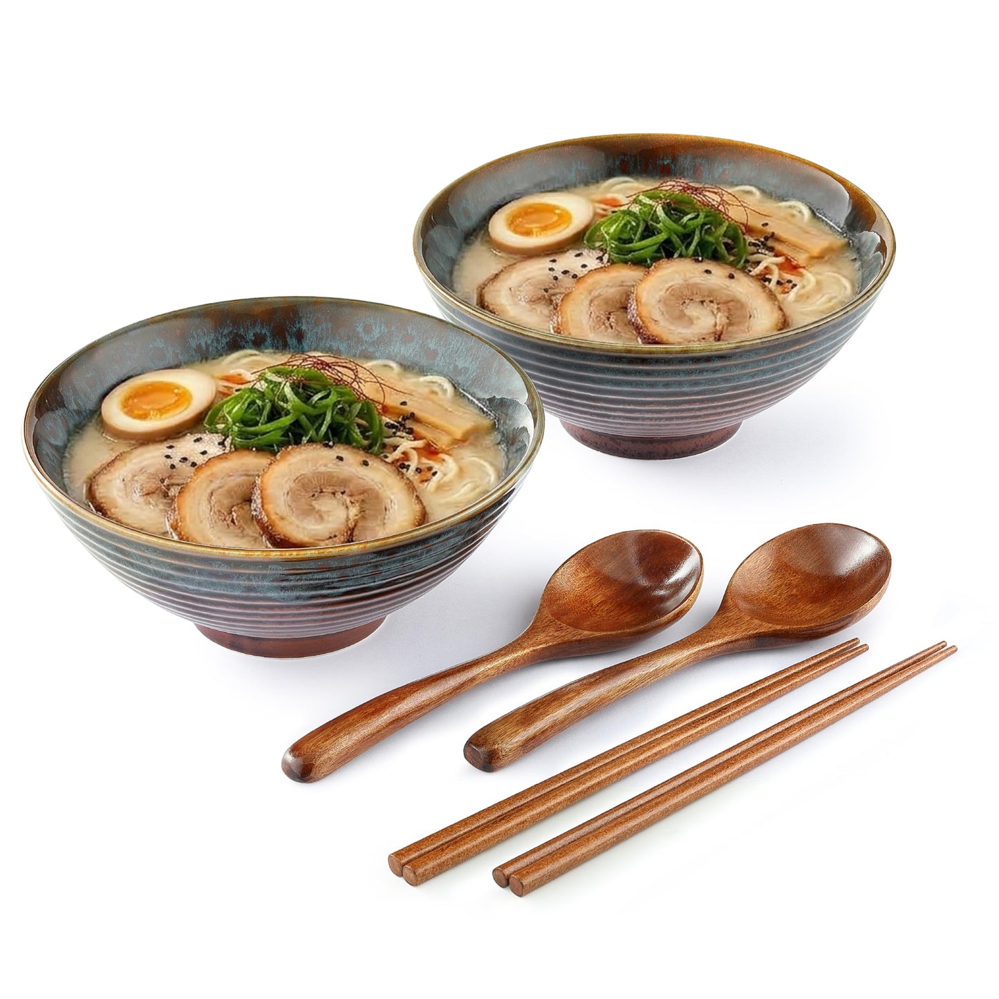 JJOO Ramen Bowl, 8 inch Large Ceramic Ramen Pho Noodle Bowls Set with Chopsticks and Spoons, Japanese Style, Set of 2