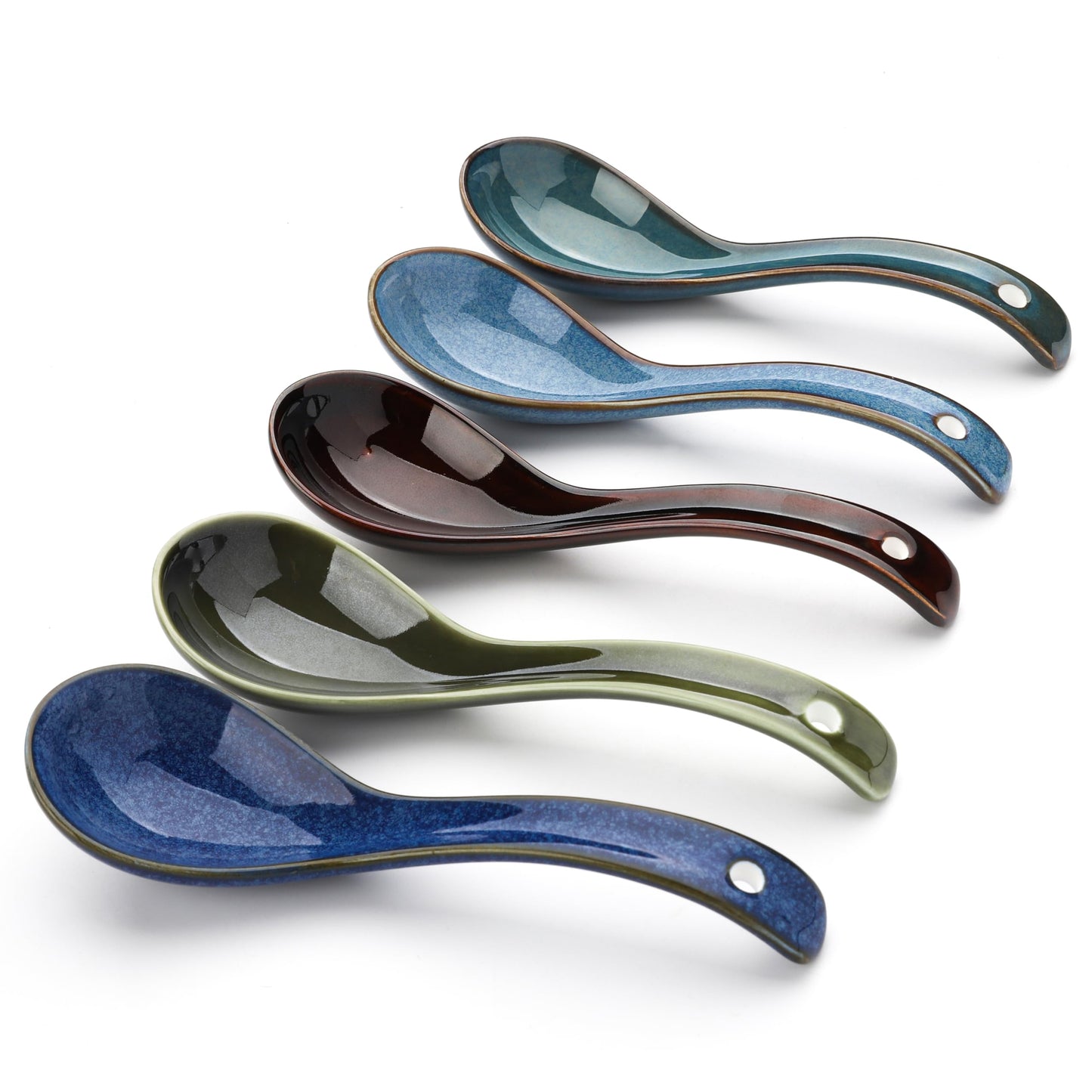Soup Spoons Set of 5, Asian Soup Spoons Ramen Spoons, Christmas Ceramic Chinese Spoon Set for Soup, Cereal, Pho, Noodles, Dumpling, Miso, Wonton