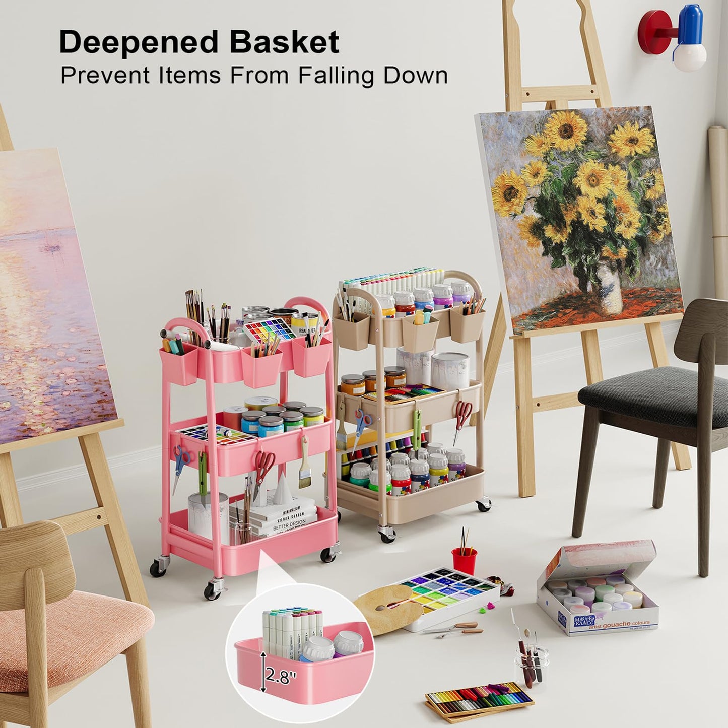 Beige 3 Tier Rolling Cart Metal on Wheels, Three Tiered Storage Organizer Utility Trolley with Wheels for Art, Craft, Baby Diaper Caddy, Snack, Book, Nail, Lash, Cleaning Supplies, Kitchen, Bathroom