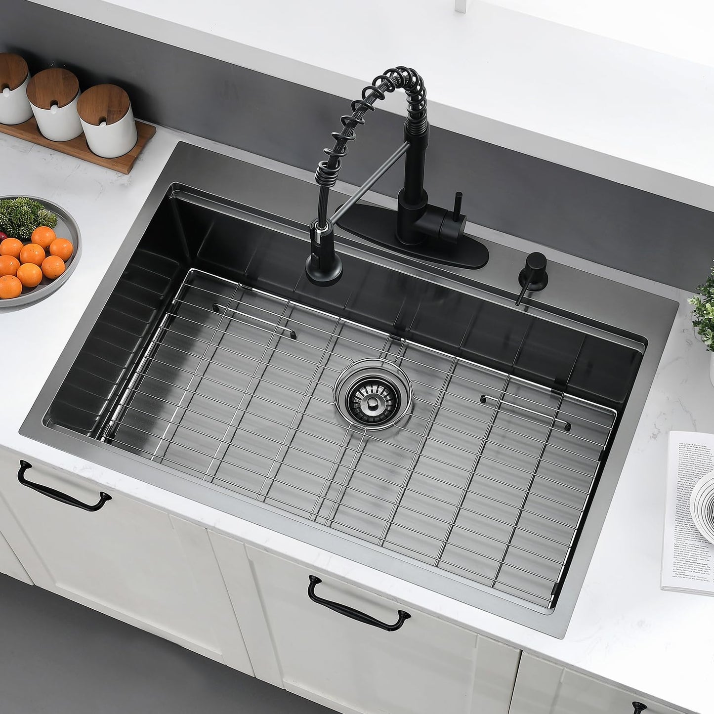 BWXIAOC 33 x 22 Drop In Kitchen Sink Black Workstation - 16 Gauge Stainless Steel Sinks Handmade 10 Inch Deep Single Bowl Kitchen Sink Top Mount Easy to Clean