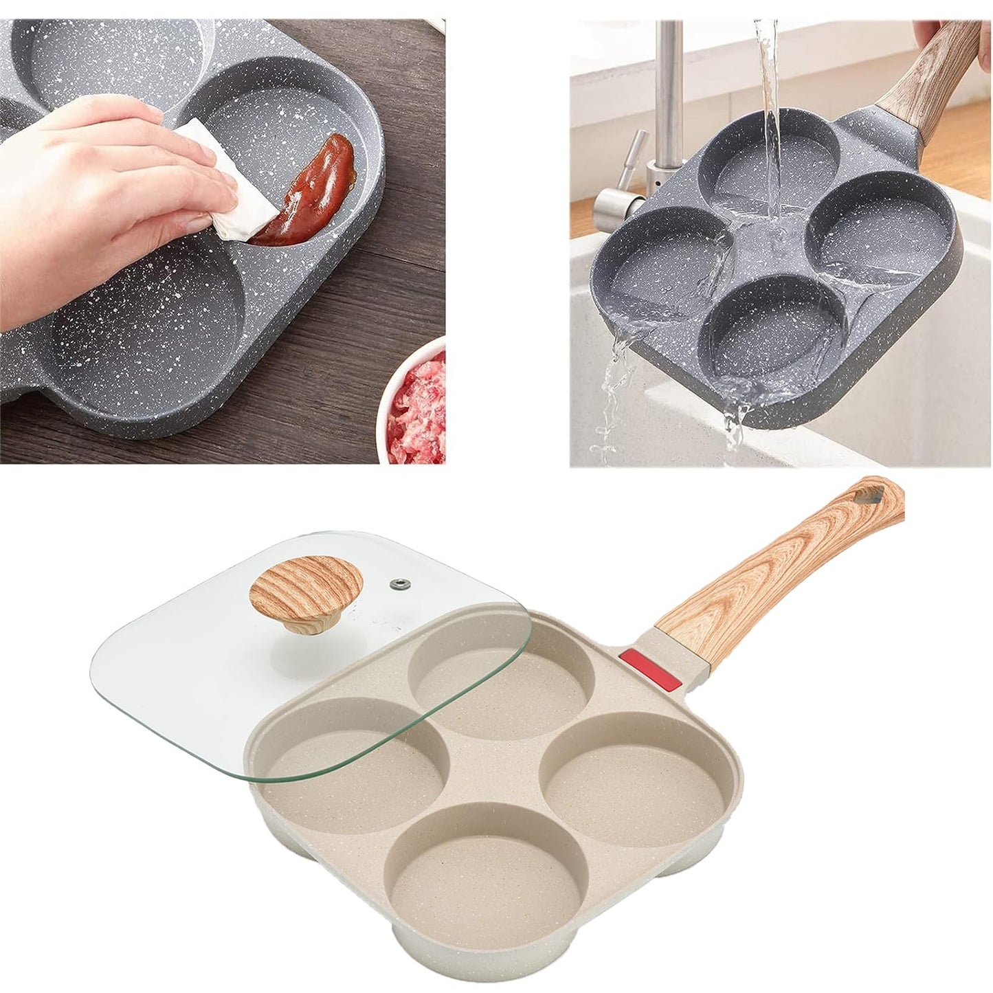 MIHUNTER Fried Egg Pan, Egg Frying Pan with Lid Nonstick 4 Cups Pancake Pan Aluminium Alloy Cooker for Breakfast(White)