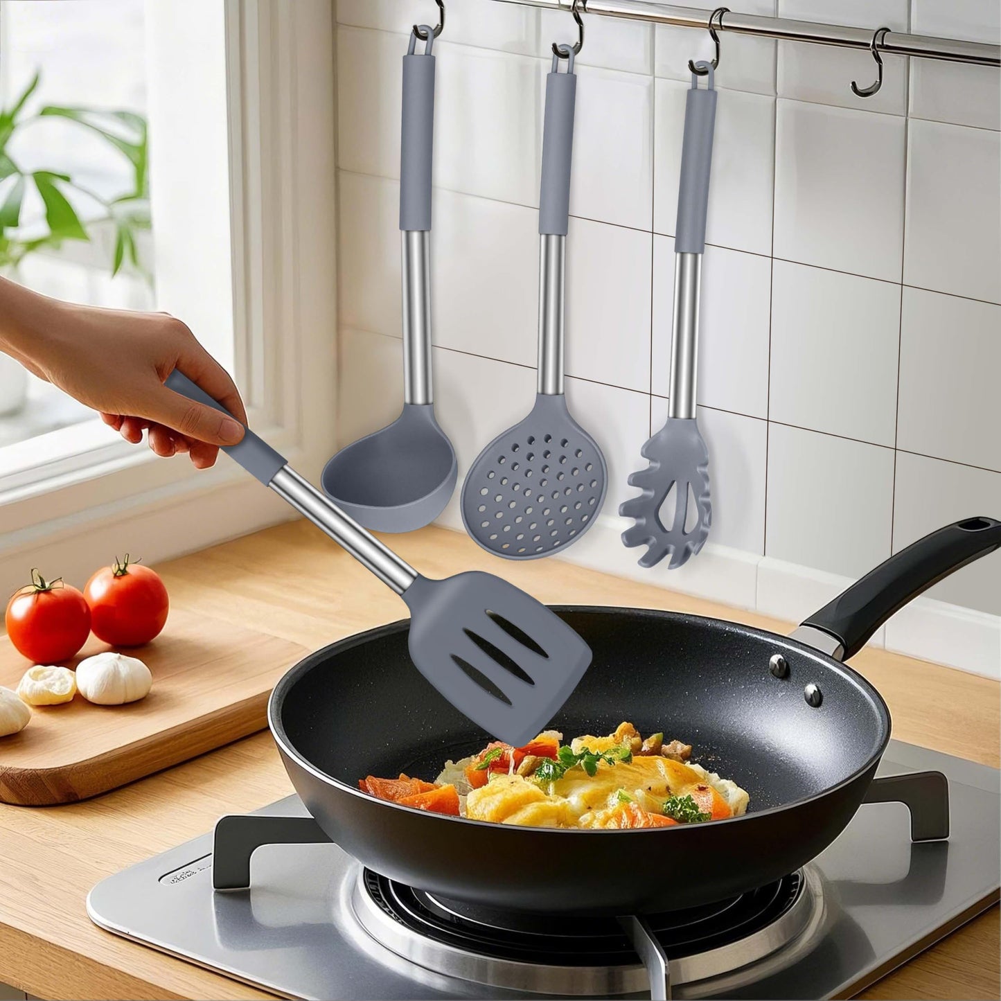 LIANYU Silicone Cooking Utensil Set, 6Pcs Heat Resistant Kitchen Utensils Set, Non-stick Stainless Steel Handle Spatula Tools, Dishwasher Safe, Grey