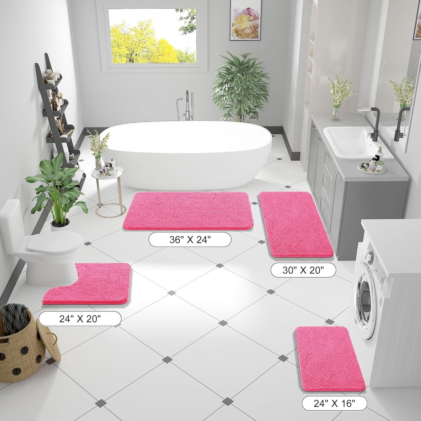 OLANLY Bathroom Runner Rugs - Soft Absorbent Chenille Bath Mats | Quick Dry, Machine Washable, 47x24, Hot Pink