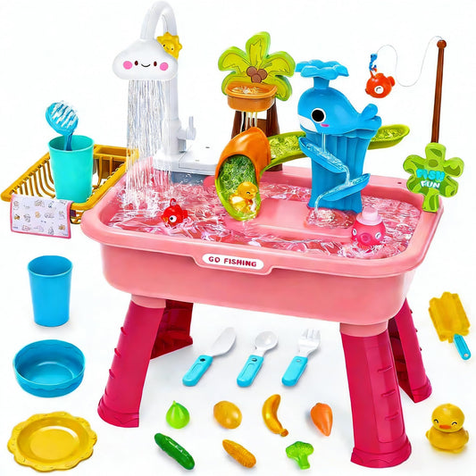 Dtadvlo Upgraded Toddler Sand Water Table Toy with Electric Water Pump, Kids Sand Water with Faucet/Play Food Accessories/Fishing Toy, Kitchen Play Sink Toys for Girl Boy Age 3+ (Pink)