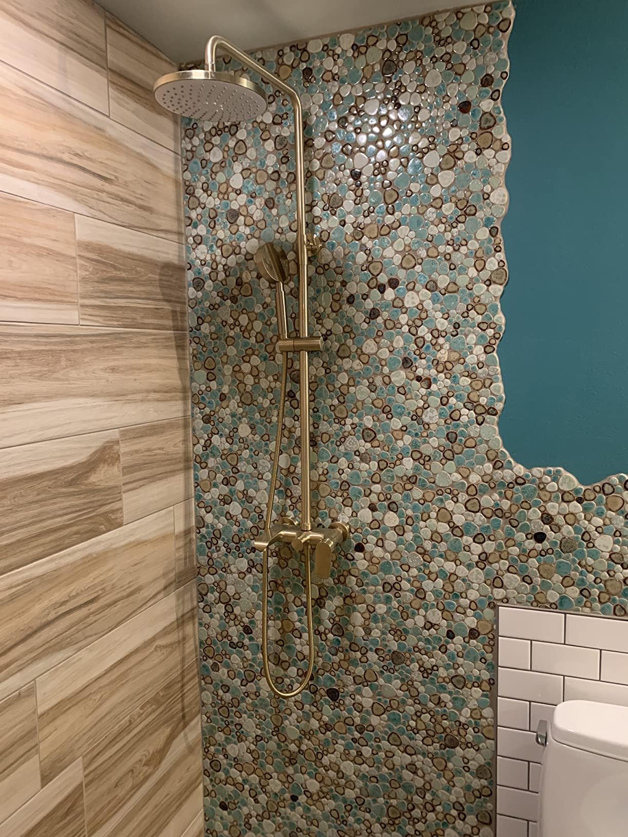 Hominter Pebble Porcelain Mosaic Glossy Mixed Aqua, Cream & Coffee Glazed Ceramic Tile for Bathroom, Shower Floor, Accent Wall, Spa Decor (5 Square Feet)