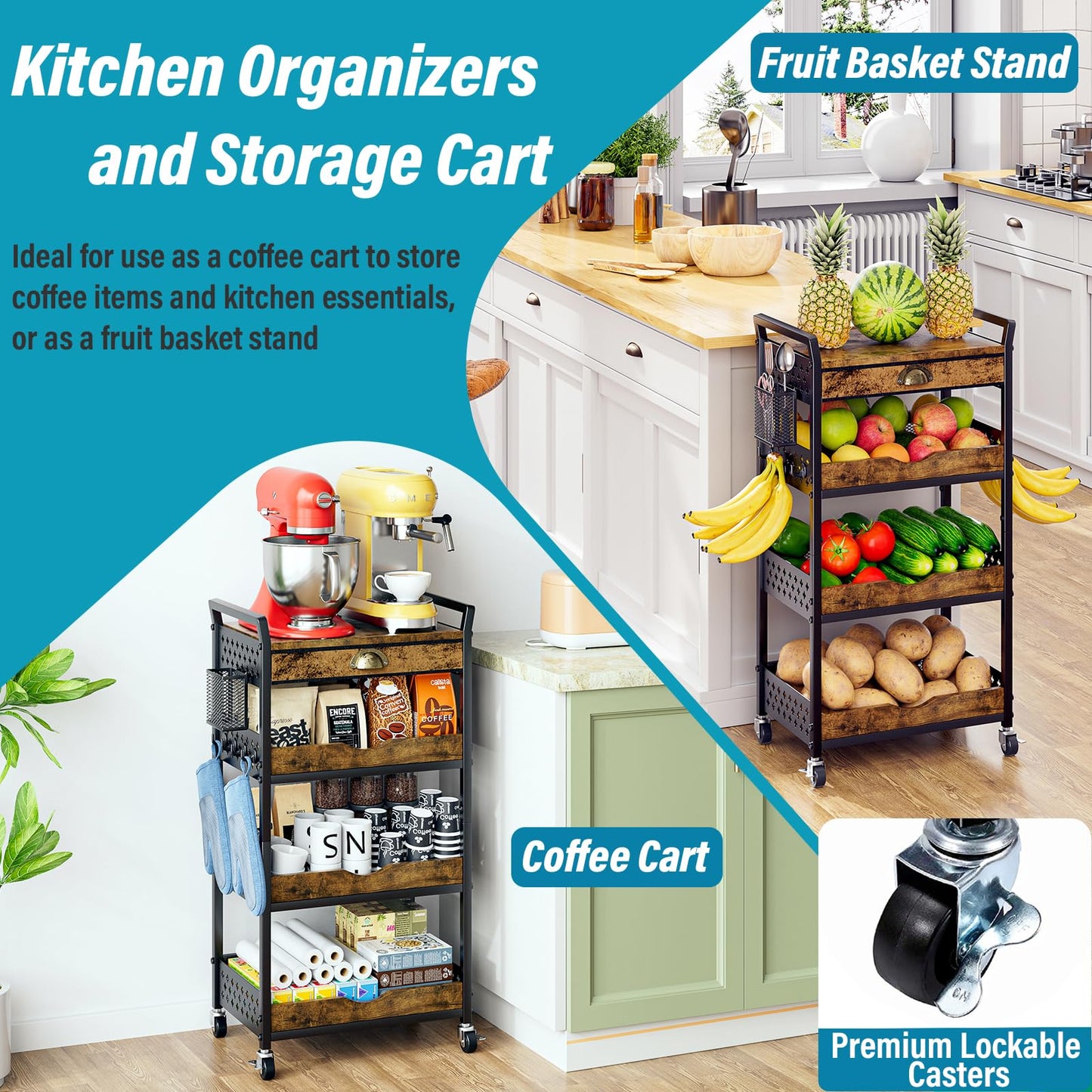 DYUTFZU 4-Tier Rolling Cart Organizer, Industrial Aesthetics Wood & Metal Utility Storage Cart with Pegboard, Drawer, Hanging Basket & Hooks for Kitchen, Craft Room, Bedroom, Bathroom, Coffee Station
