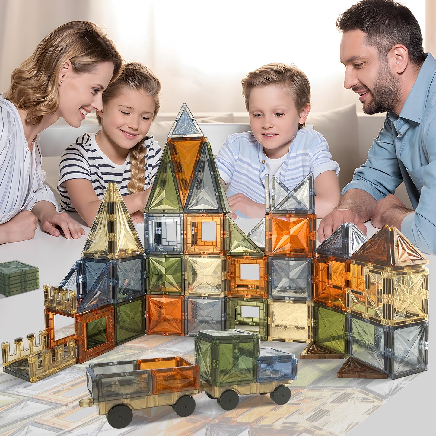 BOLORBT 100PCS Magnetic Tiles Montessori Toys Magnetic Blocks Kids Games STEM Classroom Educational Learning Sensory Magnet Natural Toy for Toddler Boys Girls 3+ Year Old with 2 Cars