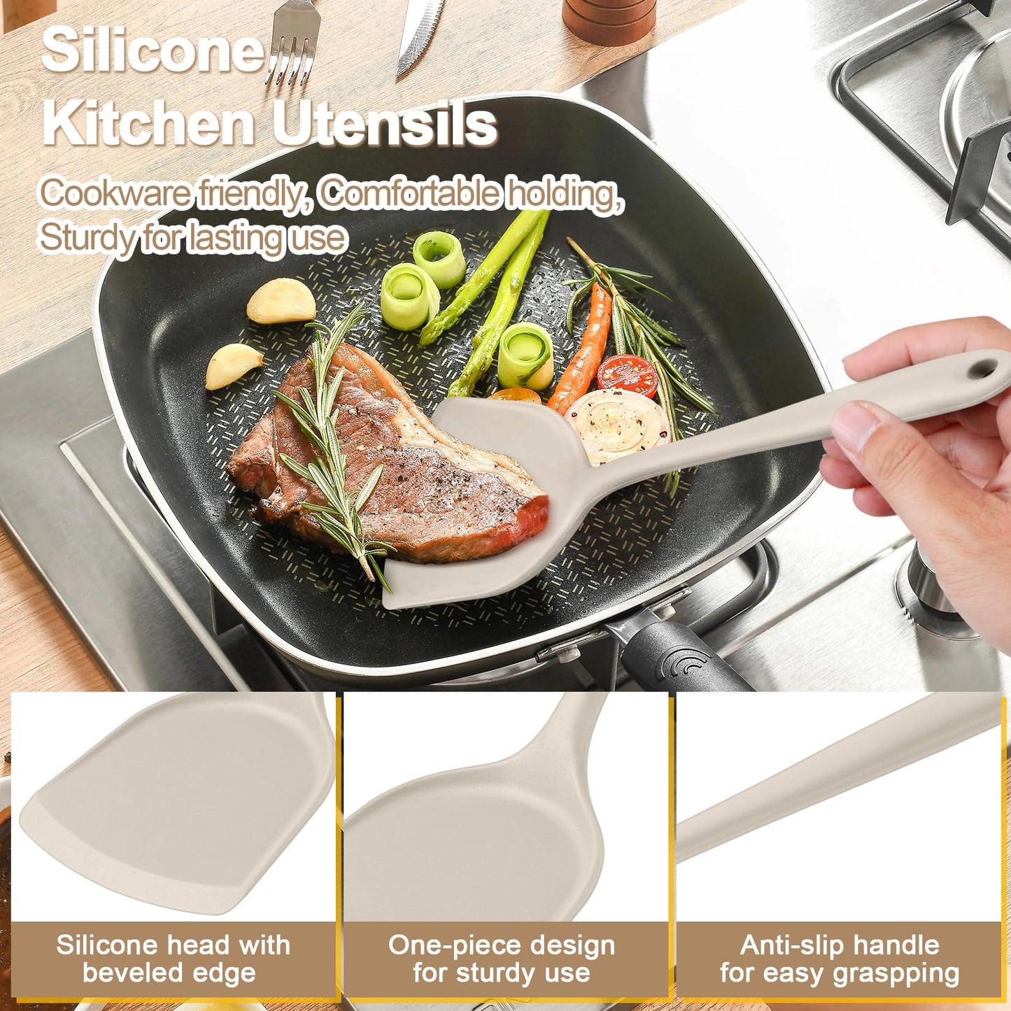 P&P CHEF Kitchen Utensil Set, 4 Pieces Non-stick Silicone Cooking Utensils, Heat-resistant Slotted Solid Spoon Turner for Frying, Mixing, Serving, Non-toxic & Easy to Clean, Khaki
