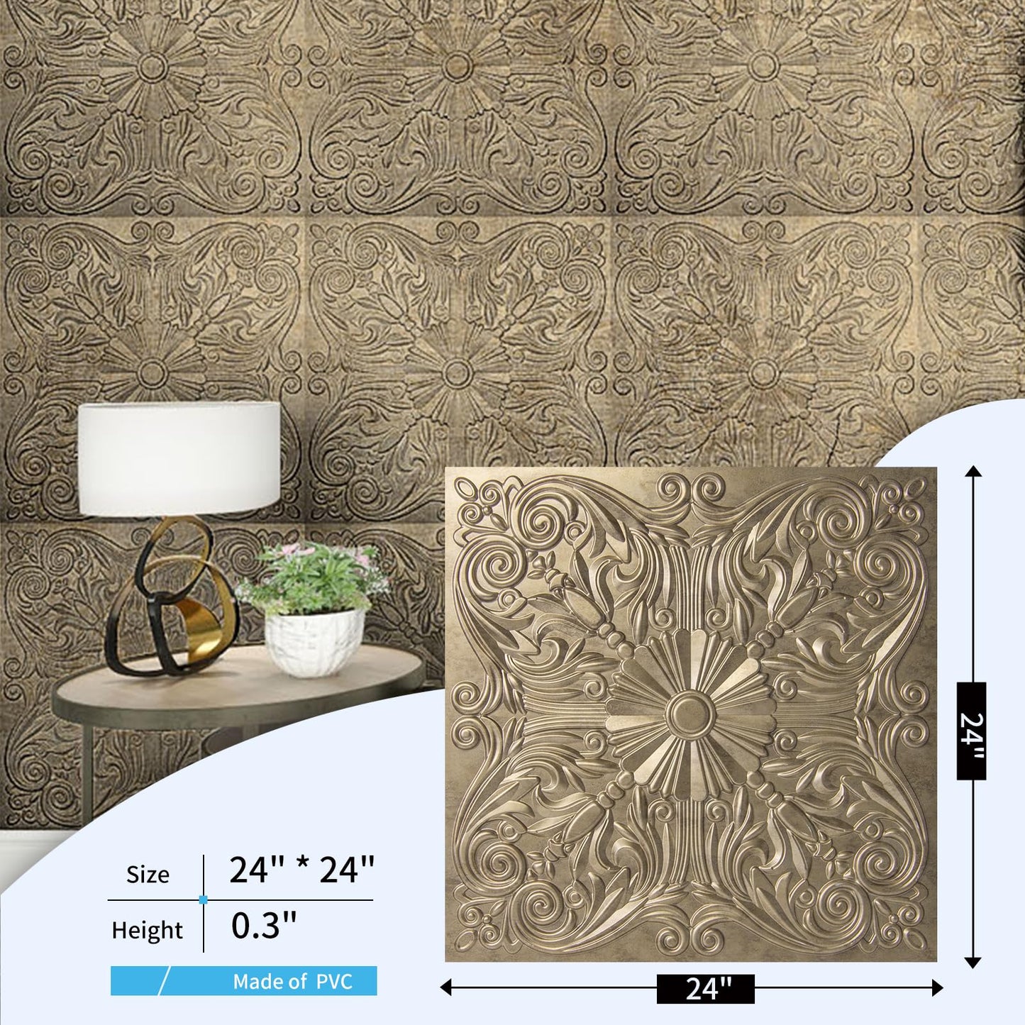 Art3d Decorative Ceiling Tile 2x2 Glue up, Lay in Ceiling Tile 24x24 Pack of 12pcs Spanish Floral in Antique Gold