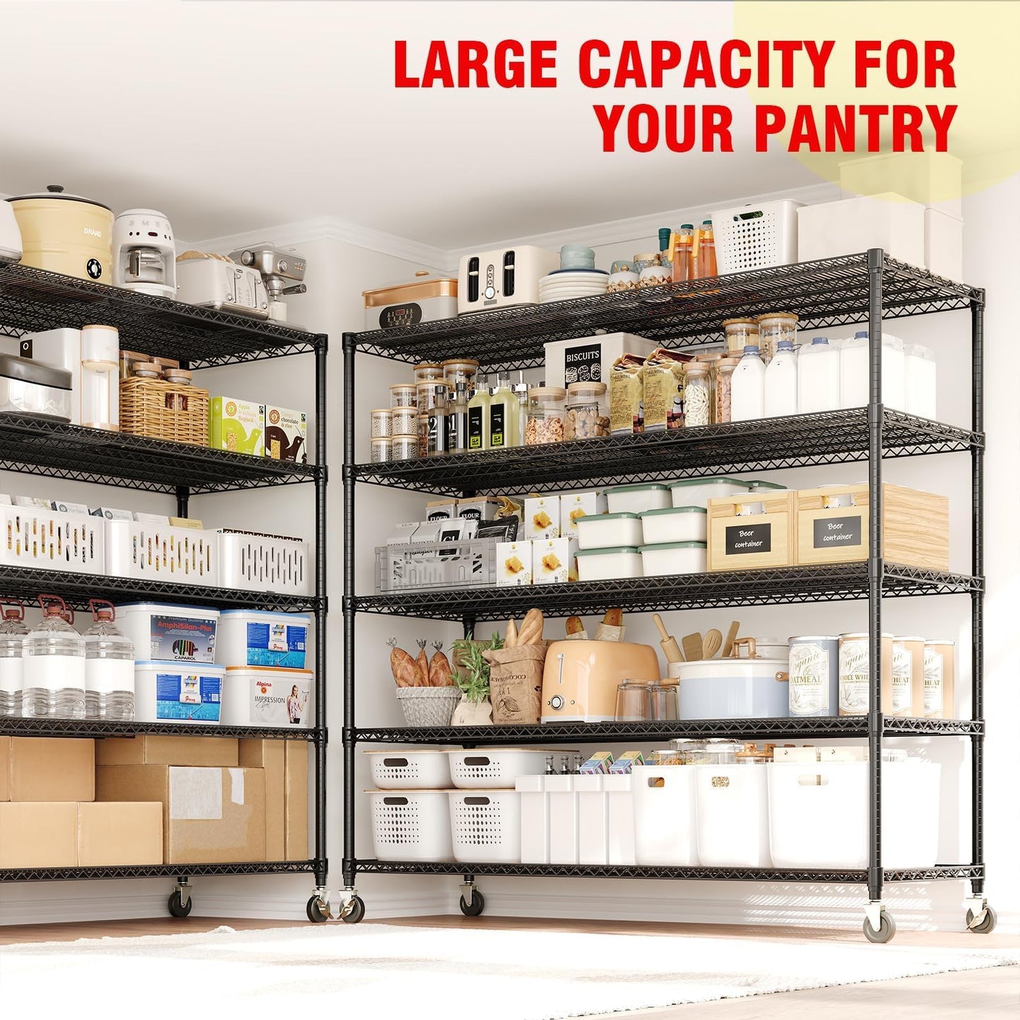 GarveeTech 5-Tier Wire Storage Shelves with Wheels, 3300LBS Heavy Duty Metal Shelving Unit with Adjustable Storage Shelves for Home, Pantry & Warehouse, Easy Assembly, 82.6" H x 59W x 23.6" D