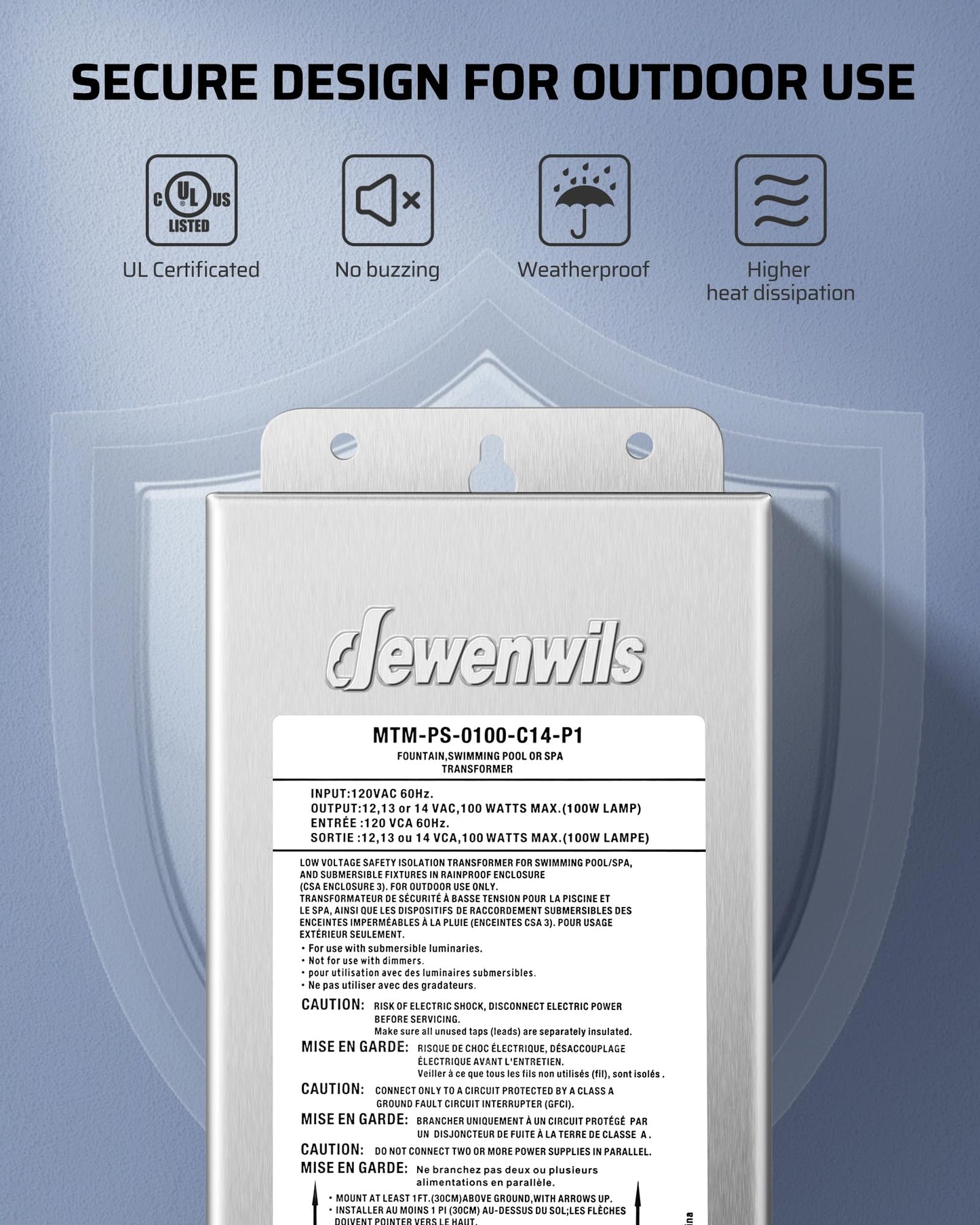 DEWENWILS 100W Low Voltage Pool Light Transformer, 120V AC to 12V/13V/14V AC, Multi-tap Safety Transformer