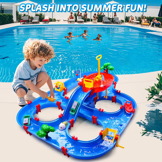 TERRAMUS Double-Tier Kids Water Table Toys, 100PCS Water Park Playset with Pump, DIY Toddler Waterways, Summer Outdoor Toys for Backyard,Lawn,Beach,Pool, Outside Activity Funs for Boys Girls 4-8 3-5
