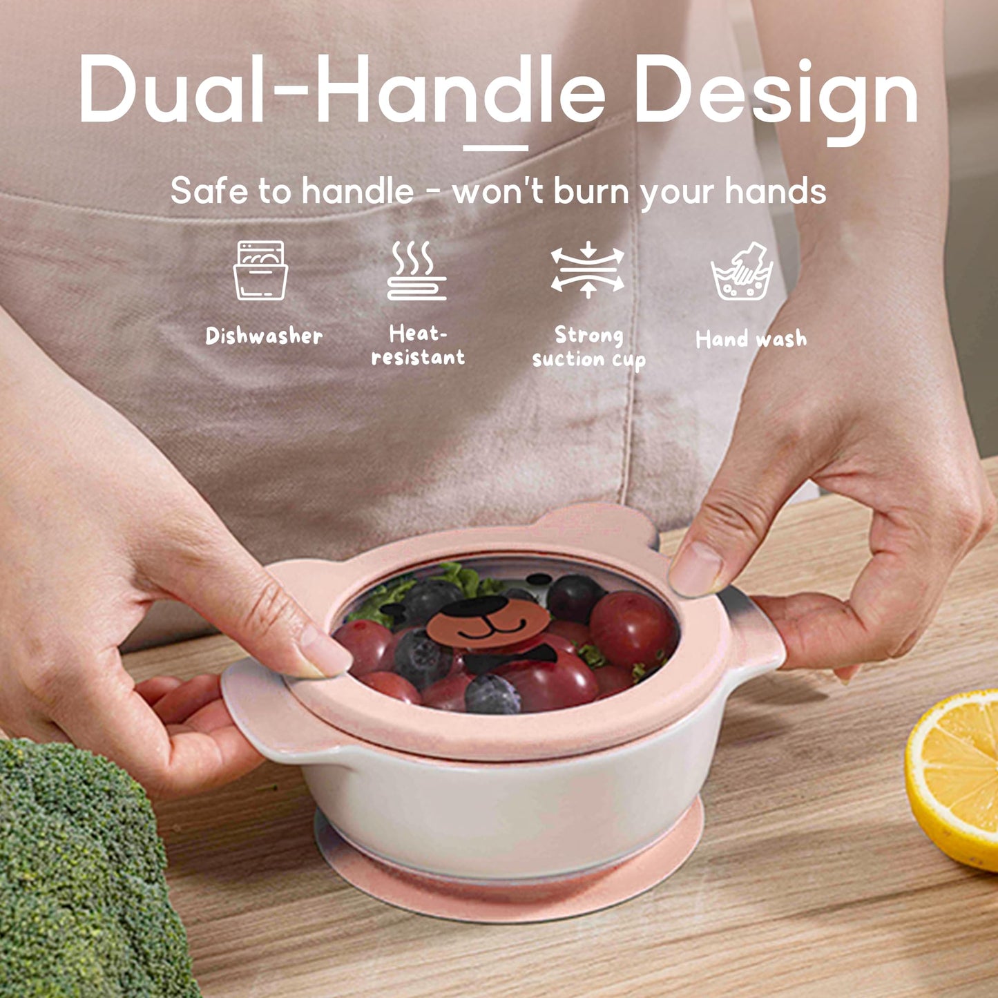 Mrs. Chou Ceramic Suction Bowl for Babies and Toddlers, Non-Slip Silicone Suction Cup, BPA-Free Lids, Independent feeding, First Stage Self Feeding Essential, Baby-Led Weaning Snack Feeder