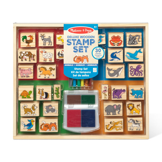Melissa & Doug Deluxe Wooden Stamp Set: Animals - 30 Stamps, 6 Markers, 2 Stamp Pads Kids Art Projects, Wooden Stamps with Washable Ink, for Kids Ages 4+