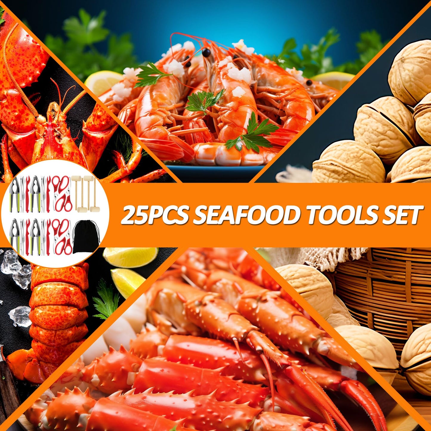 Seafood Crab Crackers and Tools, 25 Pcs Crab Leg Cracker Tool, Nut Crackers Tool, Crab Crackers, Lobster Shellers, Seafood Forks, Wide Crab Forks, Seafood Scissors, Crab Hammers, mobzio Crab Tools