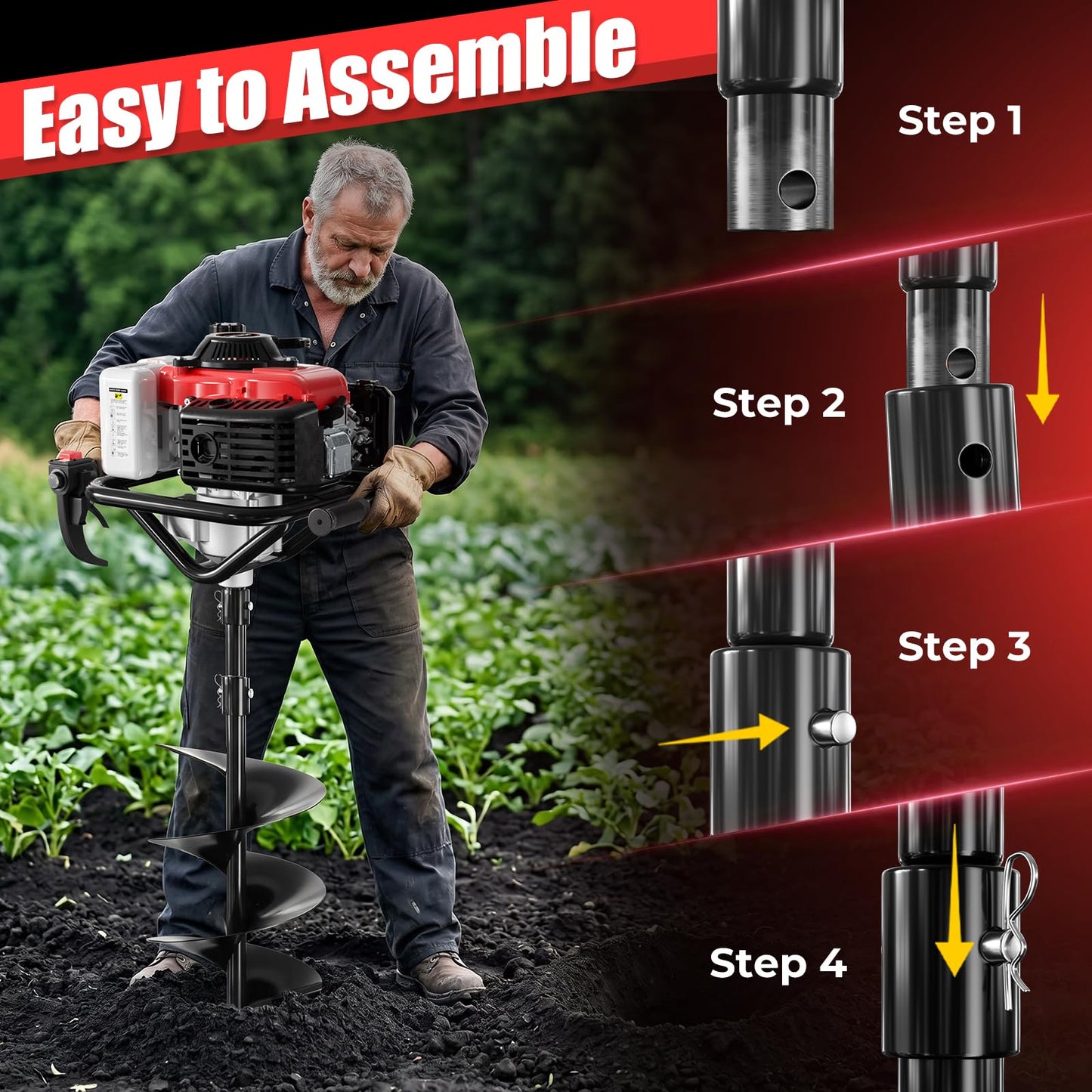 Baotree Post Hole Digger, 68cc Auger Post Hole Digger, 4-Stroke Gas Powered Earth Digger with 2 Auger Drill Bits(6" & 8") + 2 Extension Rods, for Farmland, Garden and Plant (68CC)