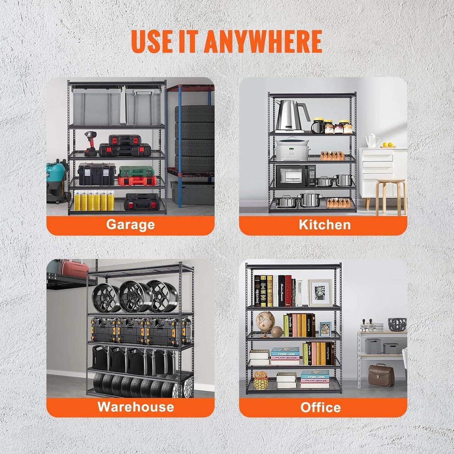 ExploreHorizon 2500 Lbs Capacity Heavy Duty Garage Shelving, 48x24x72 Inch 5-Tier Metal Wire Shelves, Adjustable Industrial Storage Rack for Garage, Basement, Warehouse Organization