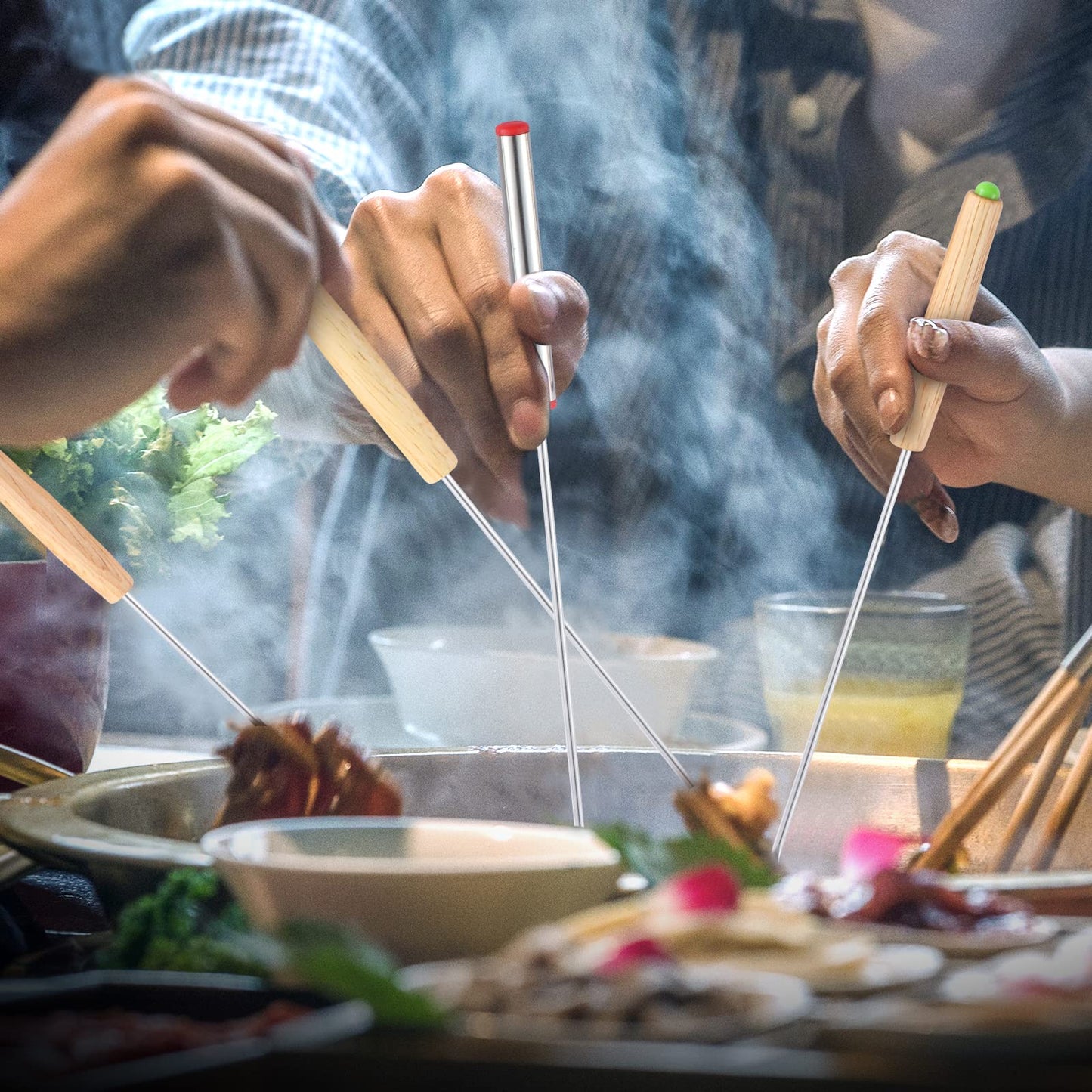 24 Pack 9.6 Inch Stainless Steel Fondue Forks, 12 Wood Handles and 12 Stainless Steel Handles, Heat Resistant Smores Sticks for Roast Meat Chocolate Dessert Cheese Marshmallows (6 Colors)