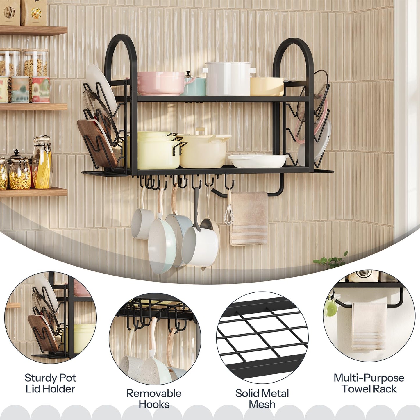 HOOBRO 30 Inch Pot Rack Wall Mounted, 2 Tier Pots and Pans Organizer with 6 Lid Holders and 10 Hooks, Wall-Mounted Pan Hanger with Towel Bar, for Kitchen Cookware Utensils Storage, Black BB100TL01