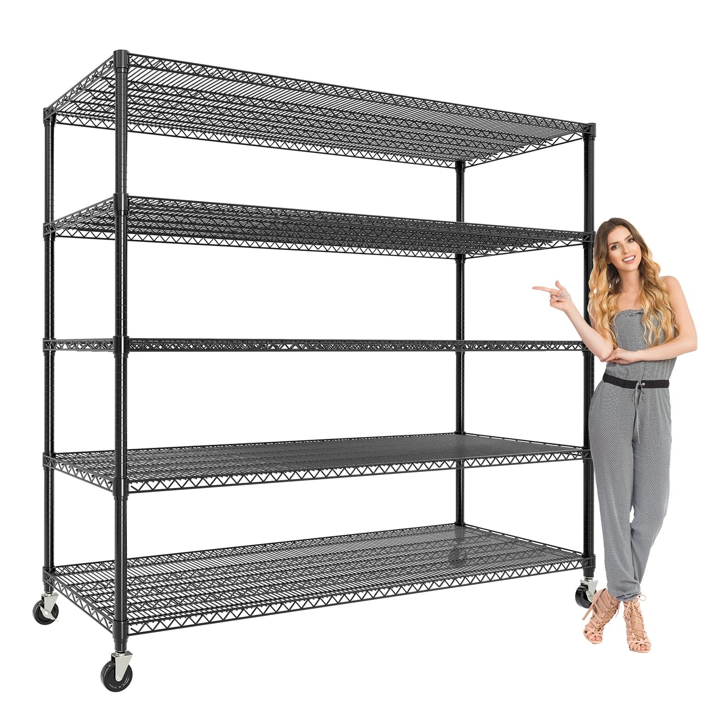 MilleLoom 5 Tier Metel Shelving with Wheels, Garage Storage Shelves Heavy Duty Rack Load 3300LBS, Ajustable Black Wire Shelving Unit, for Home Garage Basement, Easy Assembly, 59" W X 24" D X 82" H