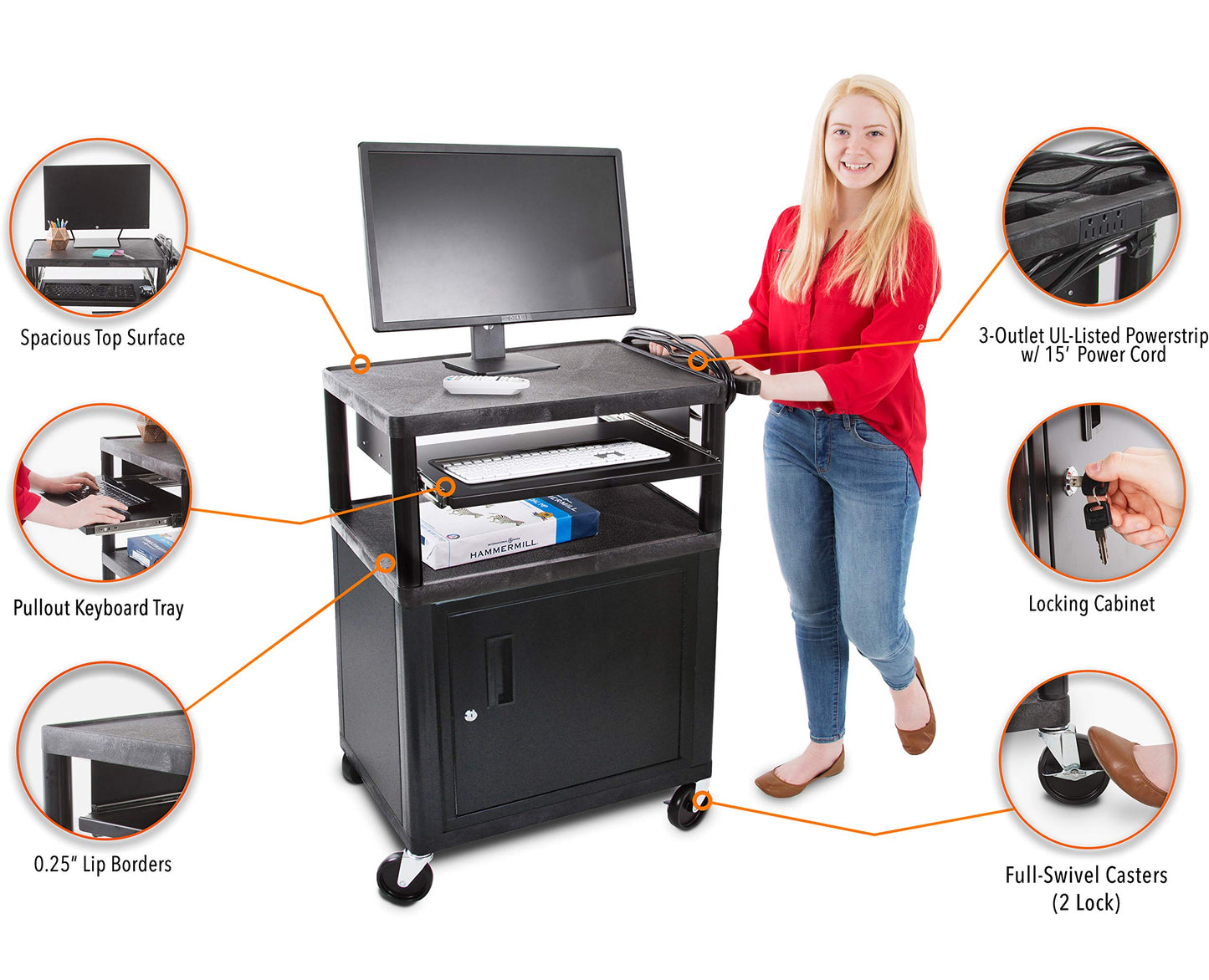 Line Leader Plastic AV Cart with Keyboard Tray and Locking Metal Cabinet, Heavy Duty Mobile Workstation with 4 Rolling Casters, 2 Locking Brakes, Heavy Duty, Holds up to 100 lbs (34 Inch w Cabinet)