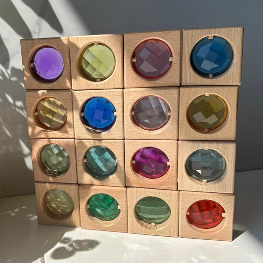 KOAICS 16PCS Acrylic Wooden Gem Blocks, Sparkling Acrylic Colorful StackingToys, Open Ended Play Montessori Educational Toys (16PCS Square Gem Blocks)