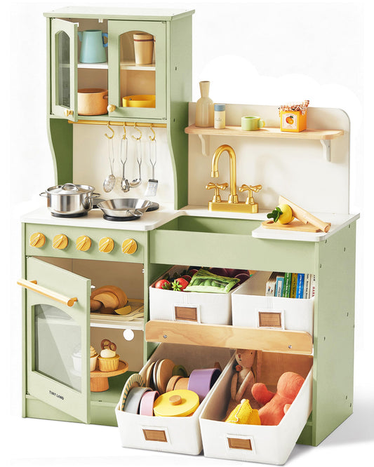 Tiny Land Wooden Play Kitchen for Kids – Enhanced Storage with Cabinets & Bins, Modern Toddler Kitchen Playset with Stove, Sink & Accessories