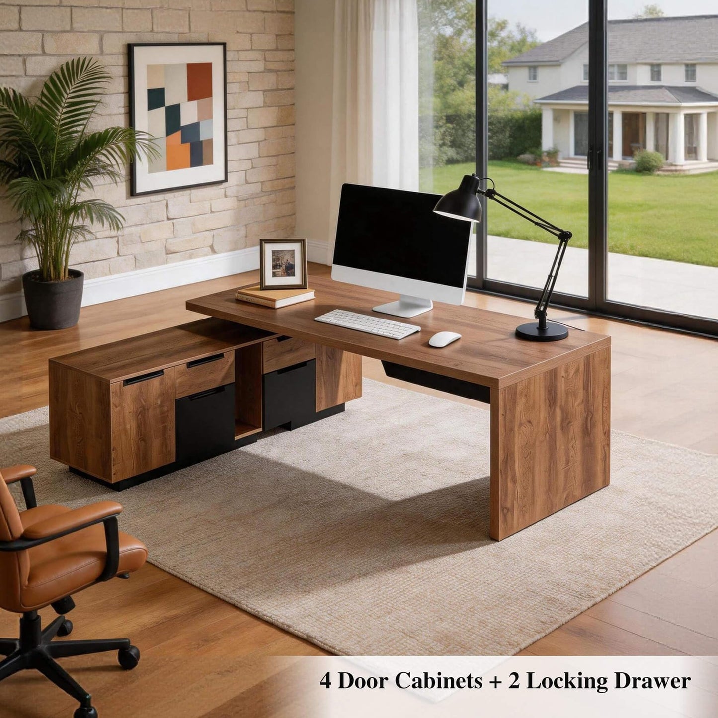 ONNAHOMEStlyle L Shaped Desk with File Drawer, Solid Wood Large Executive Desk for Home Office, Adjustable Width (86.6" to 94.5"), Storage Cabinet & 2 Drawers, Left Return