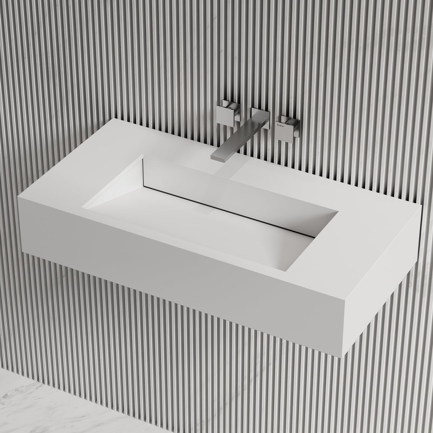 MonBlari 32" White Stone Resin Rectangular Vessel Sink, Wall-Embedded Drain V-Shaped Floating Bathroom Sink, Modern Art Basin for Vanity，Matte White