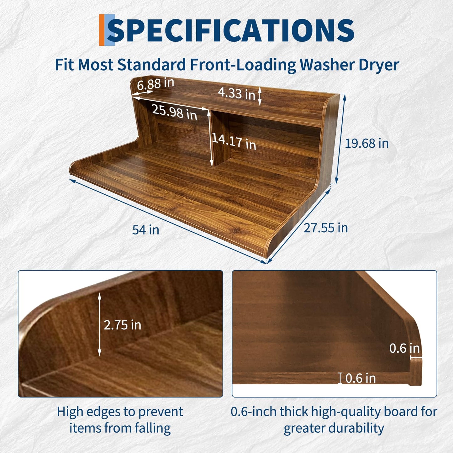 Washer Dryer Countertop with Shelves, 54" x 27.55" 2-Tier Wood Laundry Countertop with 2.75" Edge Rails and Non-Slip Pads, Washer and Dryer Topper for Laundry Room Organization, Walnut Brown